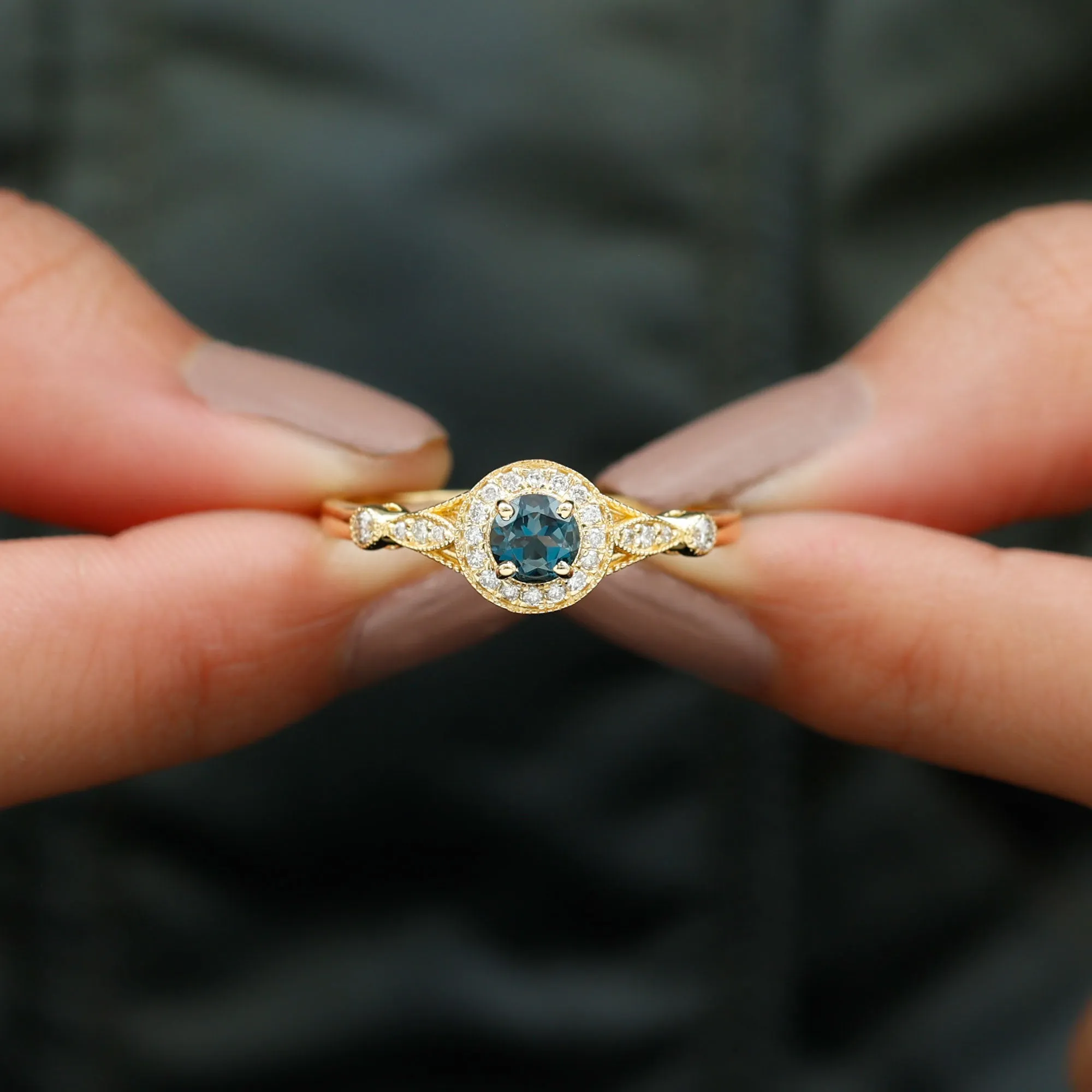 1 CT Antique London Blue Topaz and Diamond Engagement Ring with Milgrain Details