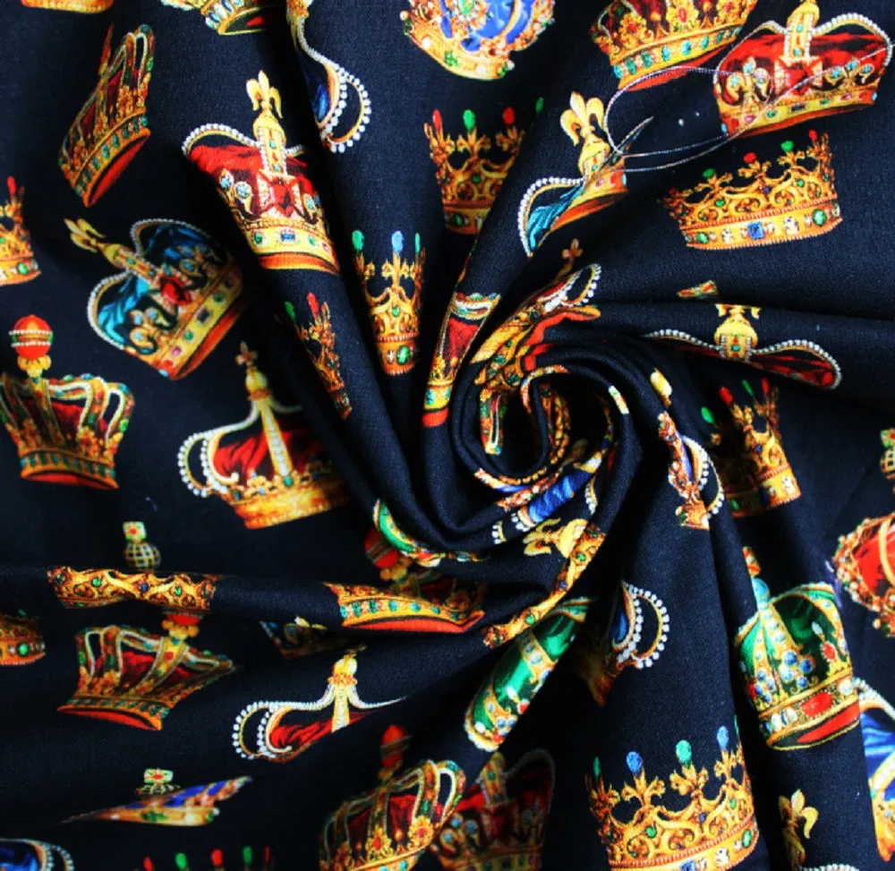 100% Cotton 58" Wide - Crowns - Black - sold By Half Metre