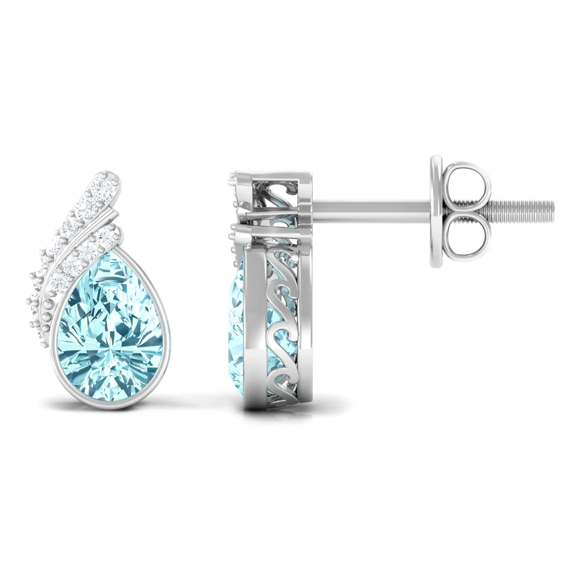 1/2 CT Designer Aquamarine Solitaire Stud Earrings with Diamond