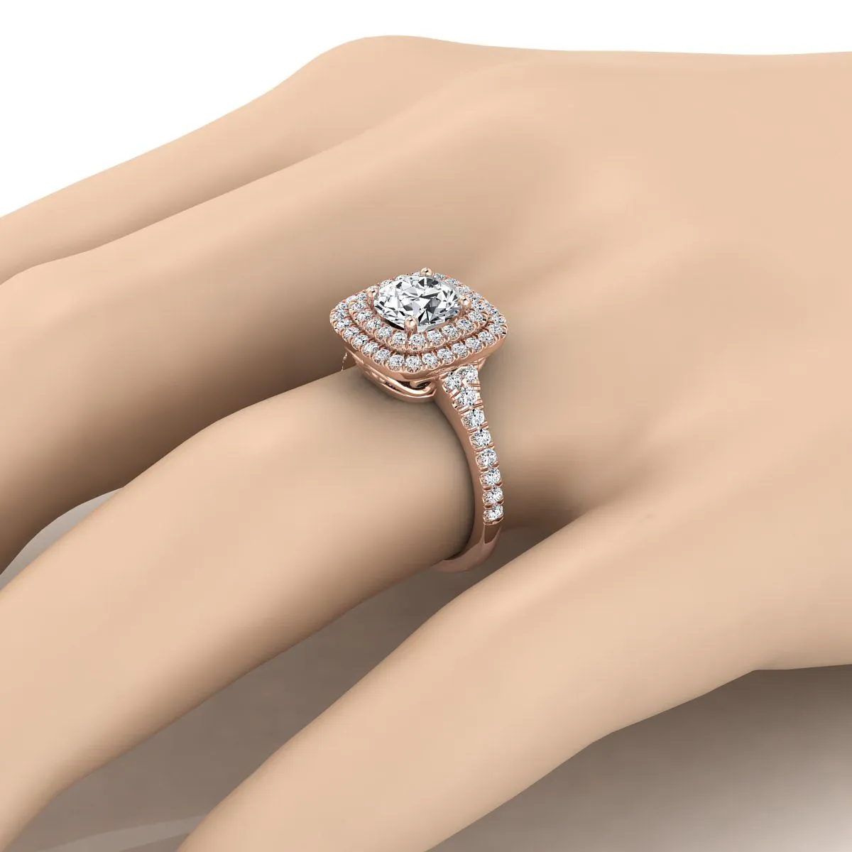 14K Rose Gold Round Brilliant Aquamarine Double Halo with Scalloped Pavé Diamond Engagement Ring -1/2ctw