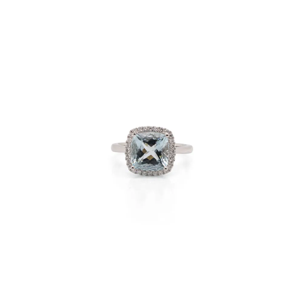 14k White Gold Cushion Cut Aquamarine Ring