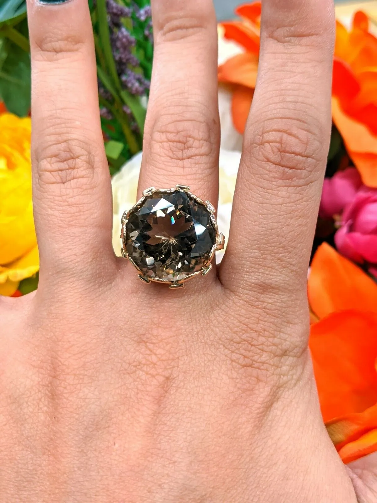 14KY 16CT Smoky Quartz Circle Design Cocktail Ring 7.9G Size 9
