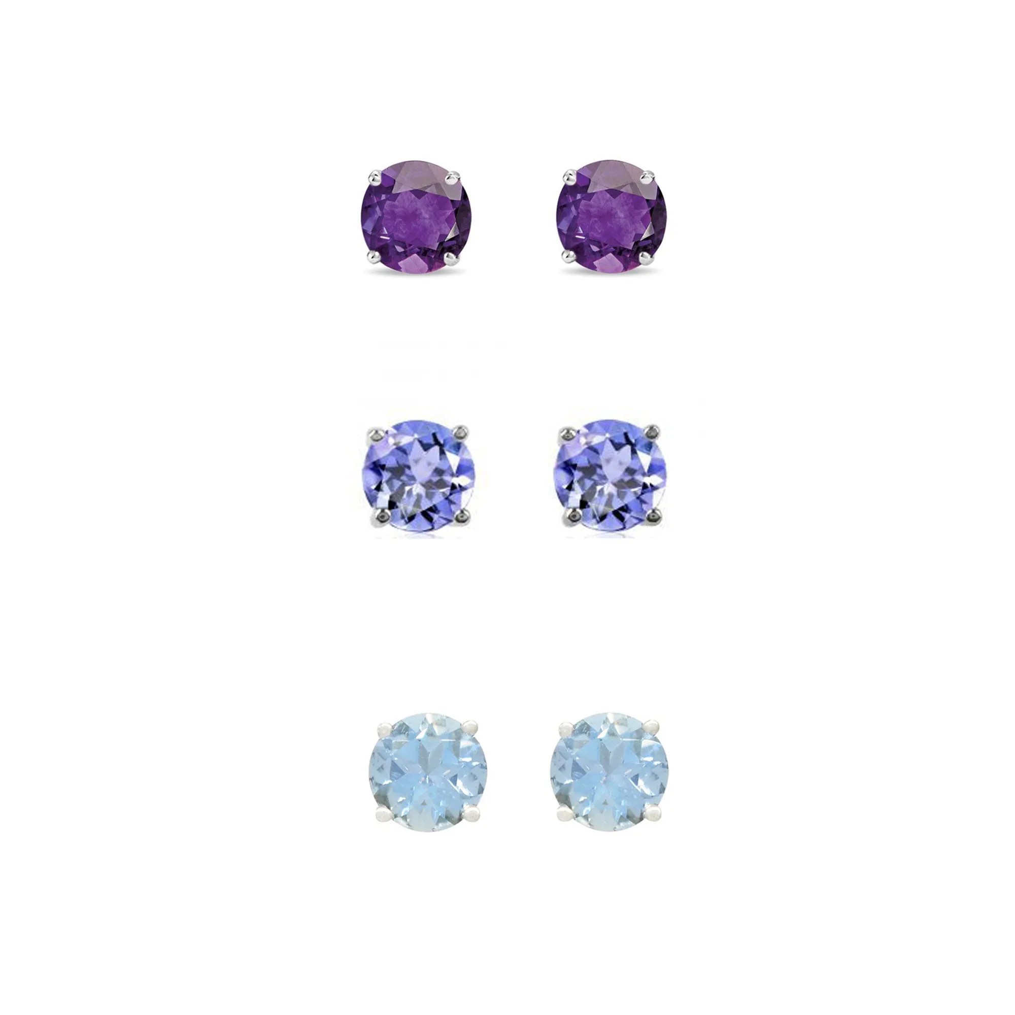 18k White Gold Plated 2Ct Created Amethyst, Tanzanite and Aquamarine 3 Pair Round Stud Earrings