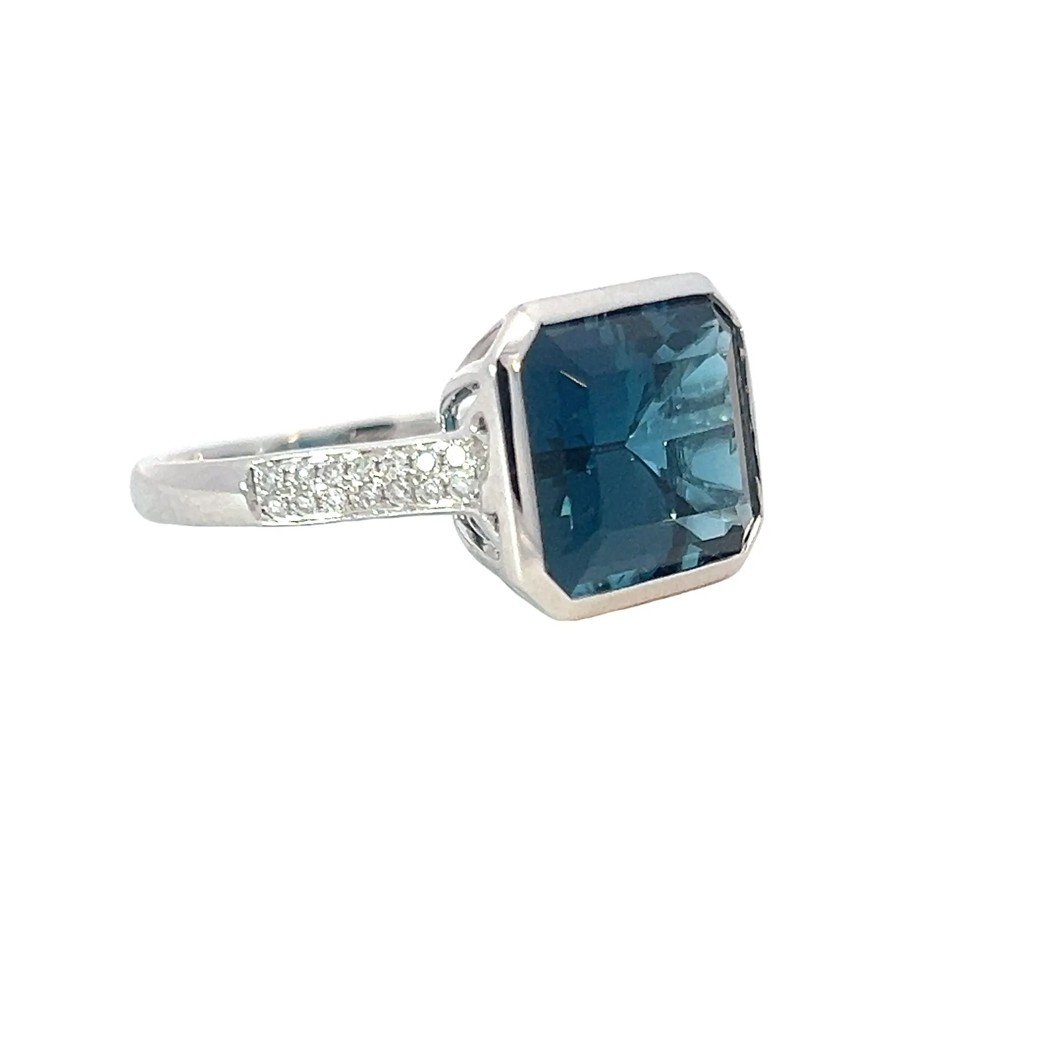 18kt White Gold London Blue Topaz 7.4ct and Diamond ring horizontal set