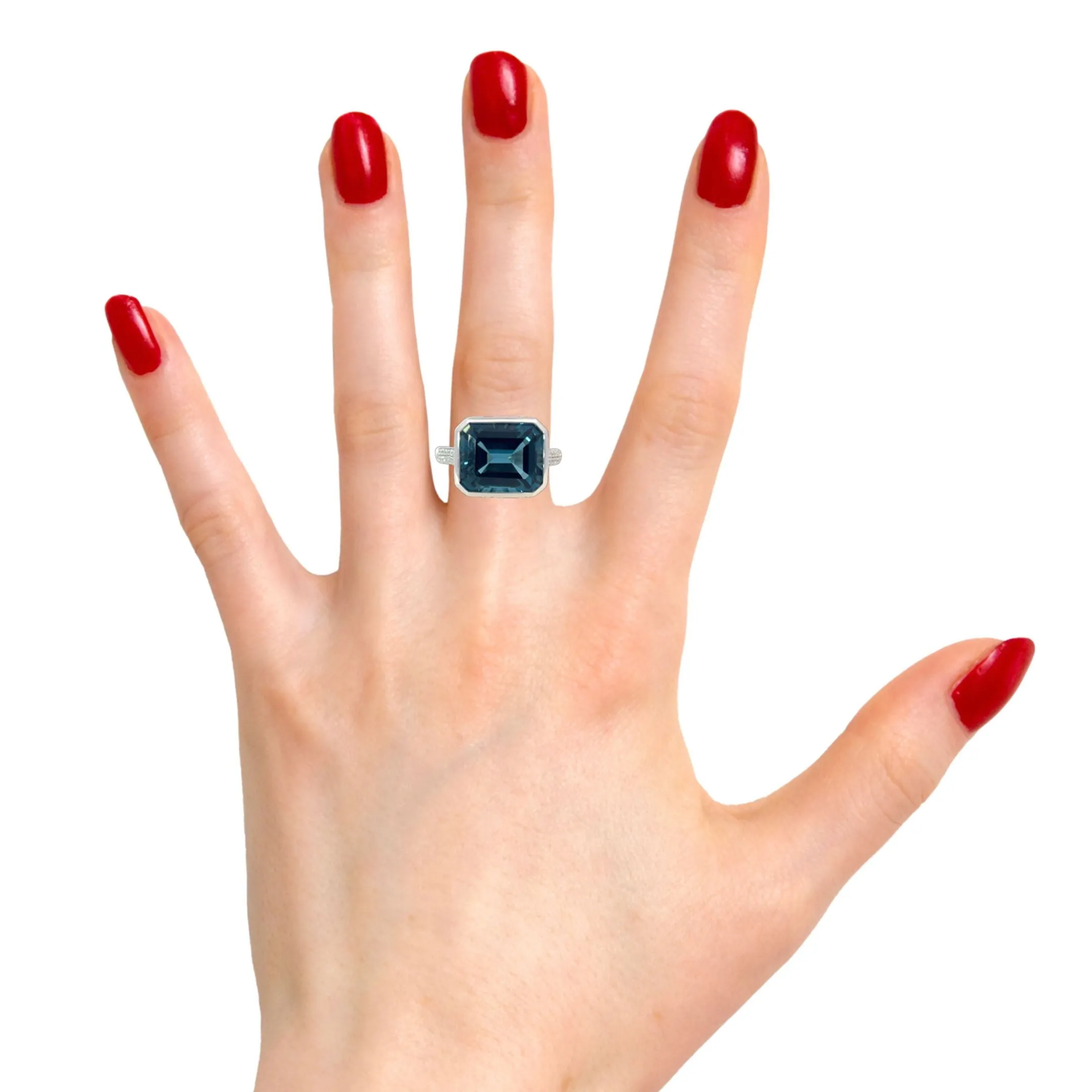 18kt White Gold London Blue Topaz 7.4ct and Diamond ring horizontal set