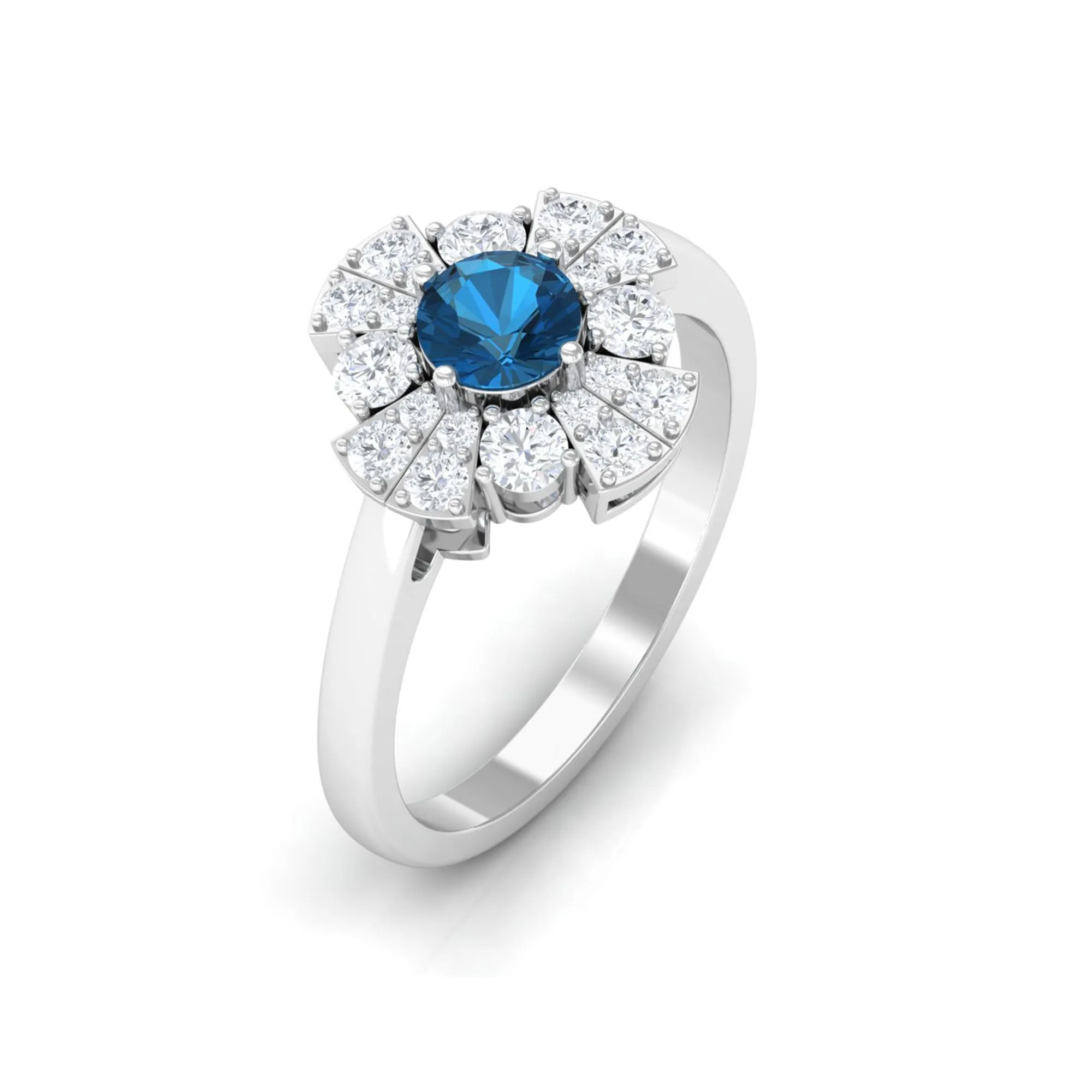 2 CT London Blue Topaz Flower Engagement Ring with Diamond