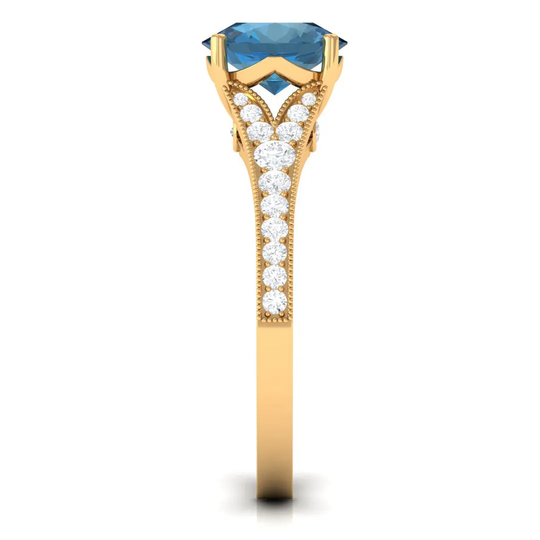 2.75 CT London Blue Topaz Engagement Ring with Diamond Side Stones