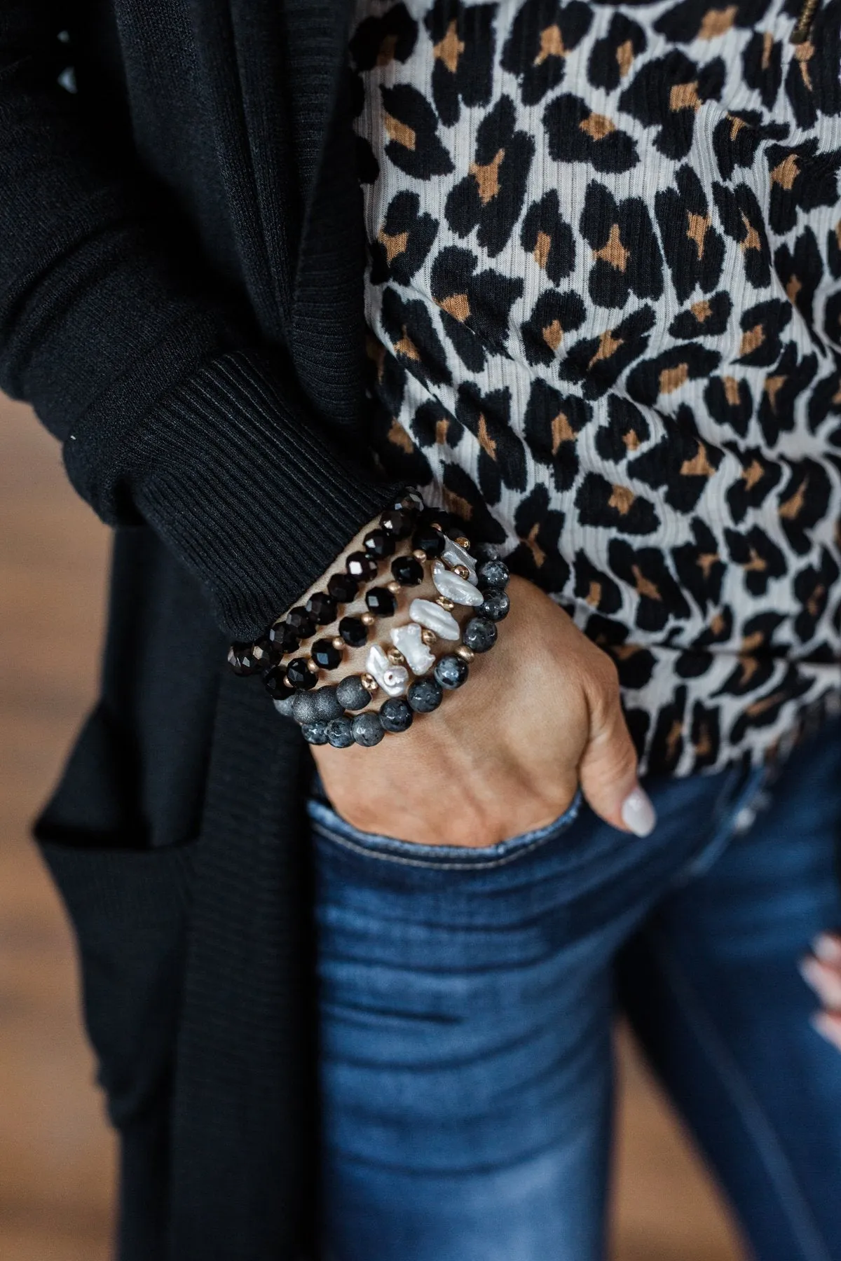 4 Layer Beaded Bracelet Set- Black & Gold