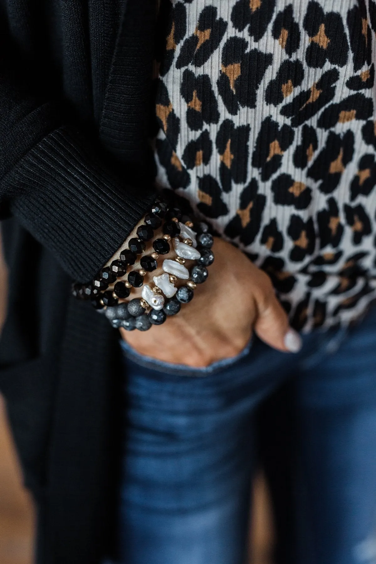 4 Layer Beaded Bracelet Set- Black & Gold
