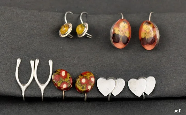 5 Pairs Sterling Earrings Amber Sweethearts Wishbones