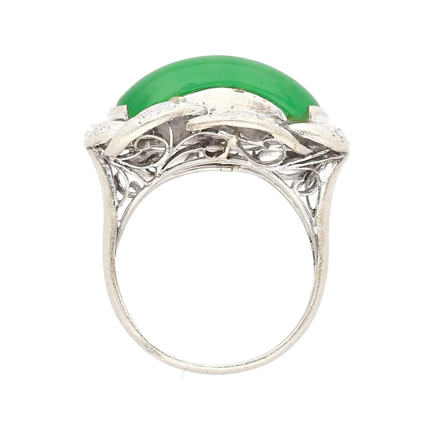 5.29 Carat Type A Jade & Diamond in Ornate Saddle-Top 18K White Gold Ring