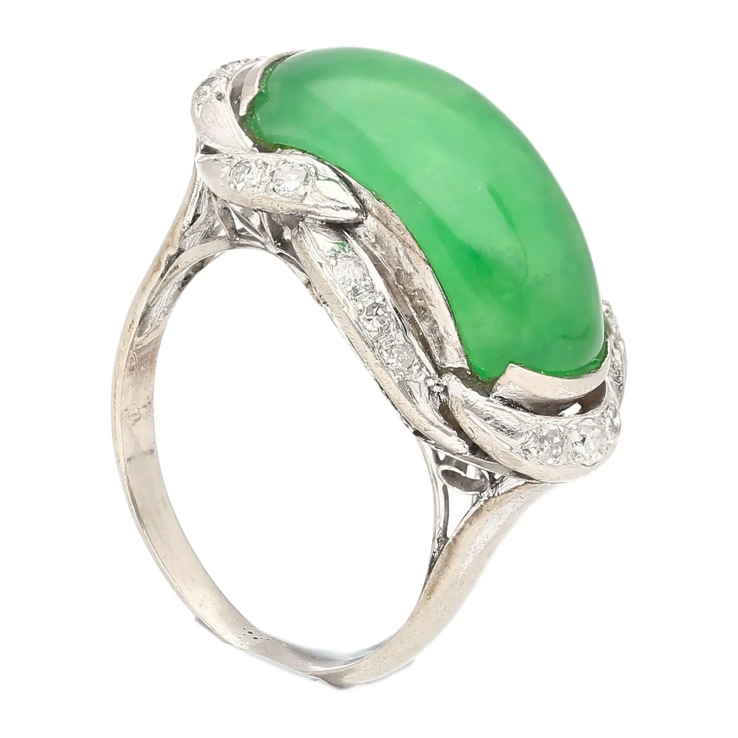 5.29 Carat Type A Jade & Diamond in Ornate Saddle-Top 18K White Gold Ring