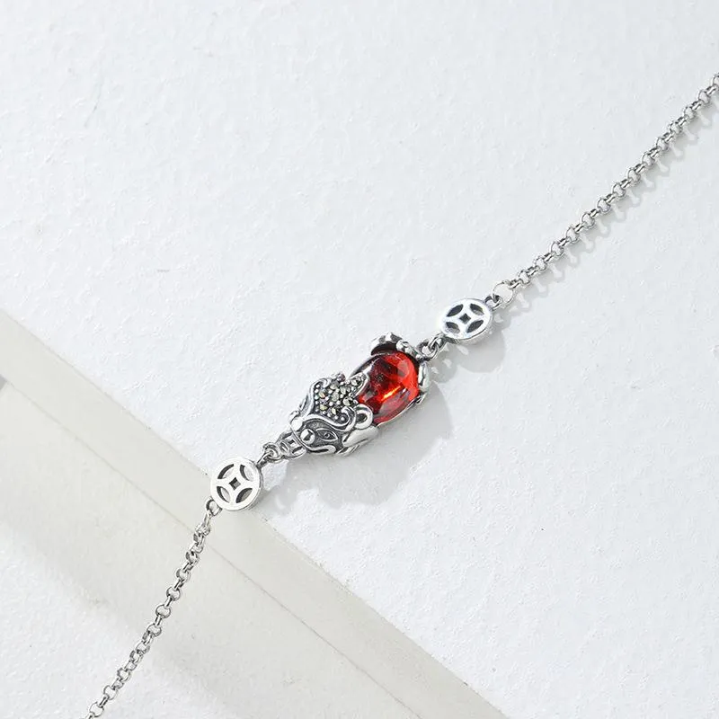 925 Silver Red Garnet Pixiu Lucky Bracelet