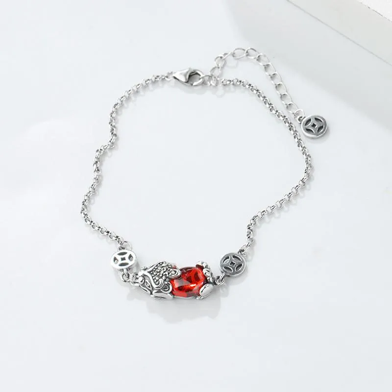 925 Silver Red Garnet Pixiu Lucky Bracelet