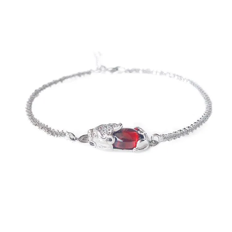 925 Silver Red Garnet Pixiu Lucky Bracelet
