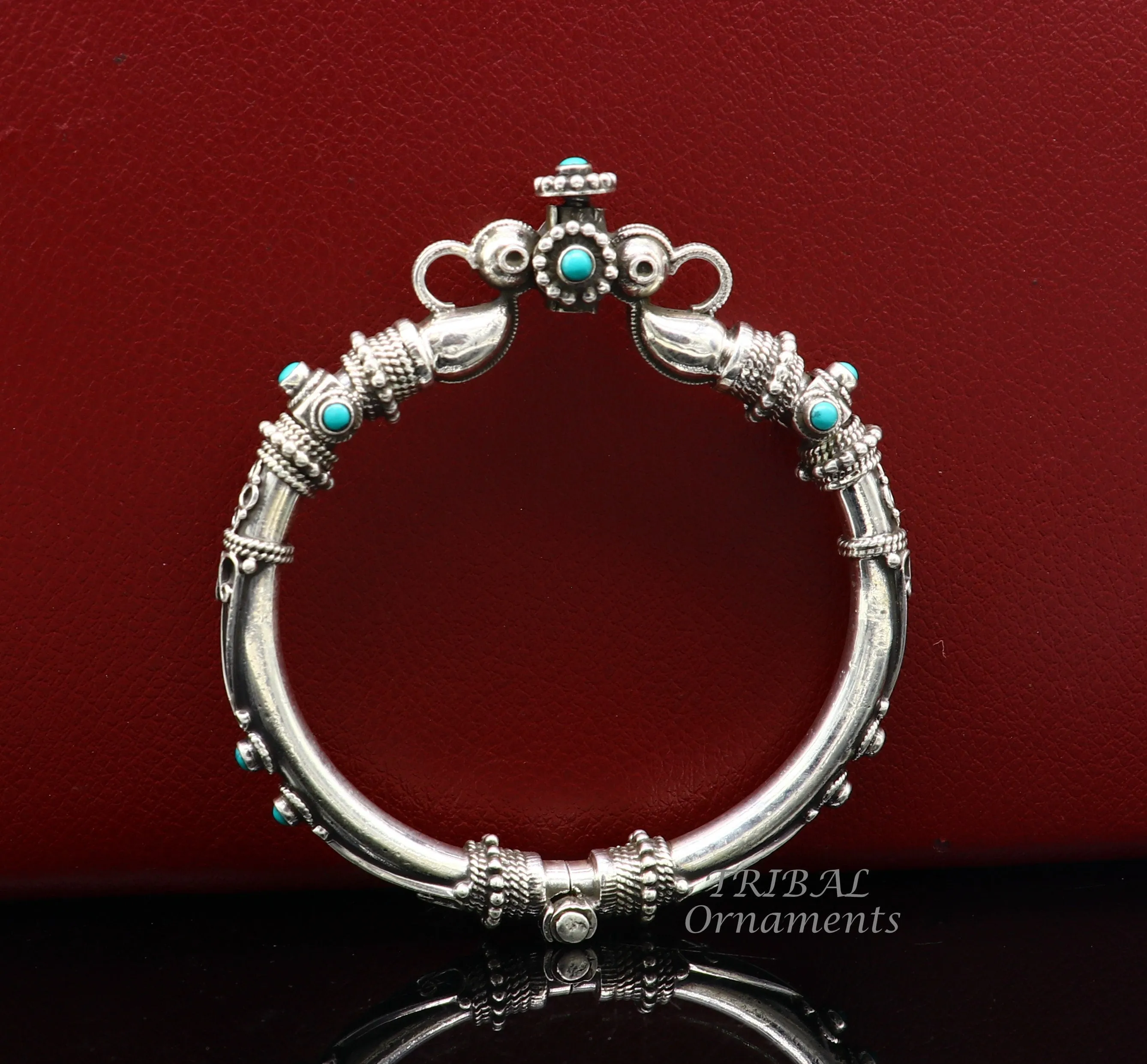 925 Sterling silver handmade vintage peacock design turquoise stone studded tribal ethnic belly dance bangle bracelet gifting kada nsk591