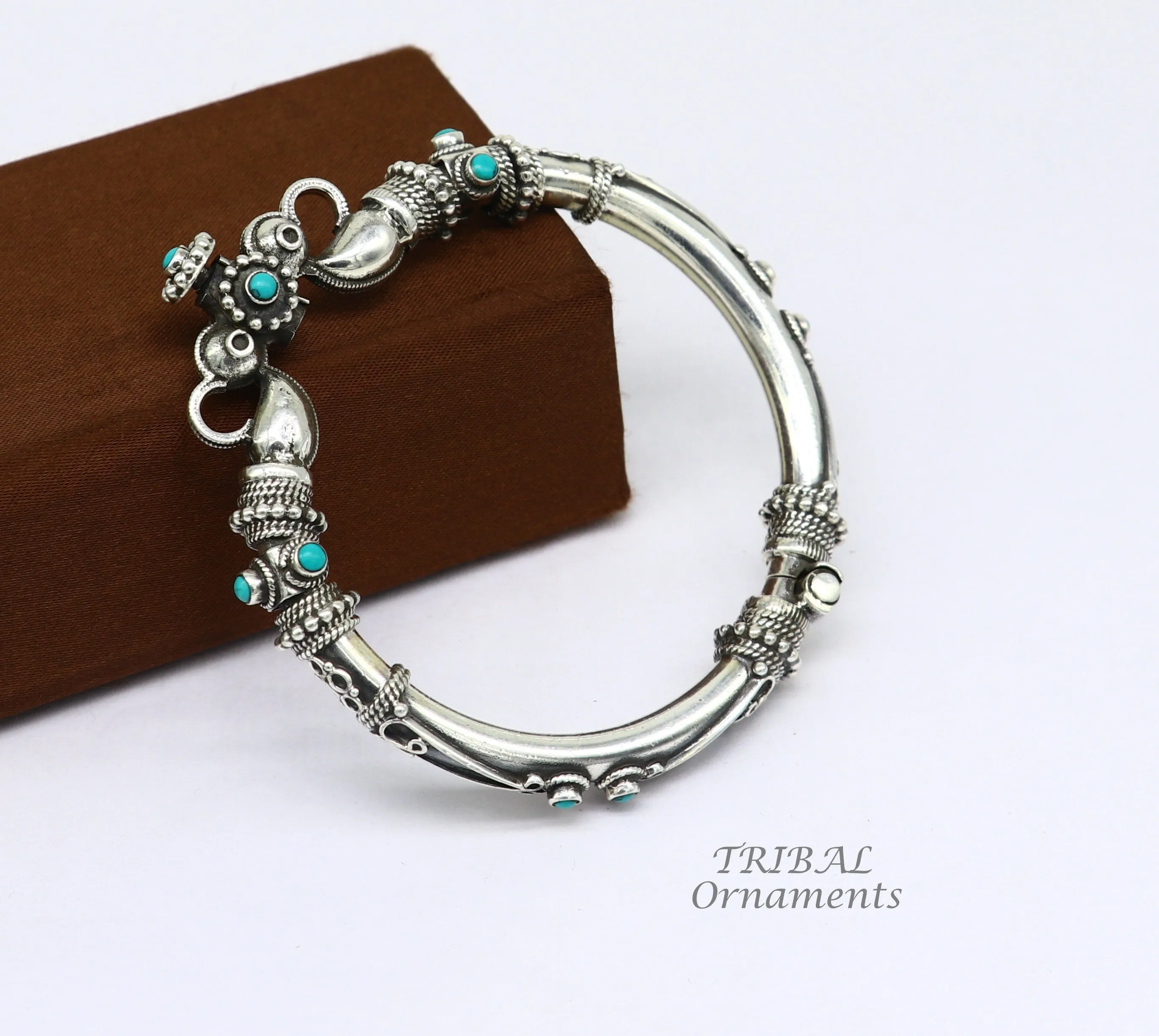 925 Sterling silver handmade vintage peacock design turquoise stone studded tribal ethnic belly dance bangle bracelet gifting kada nsk591