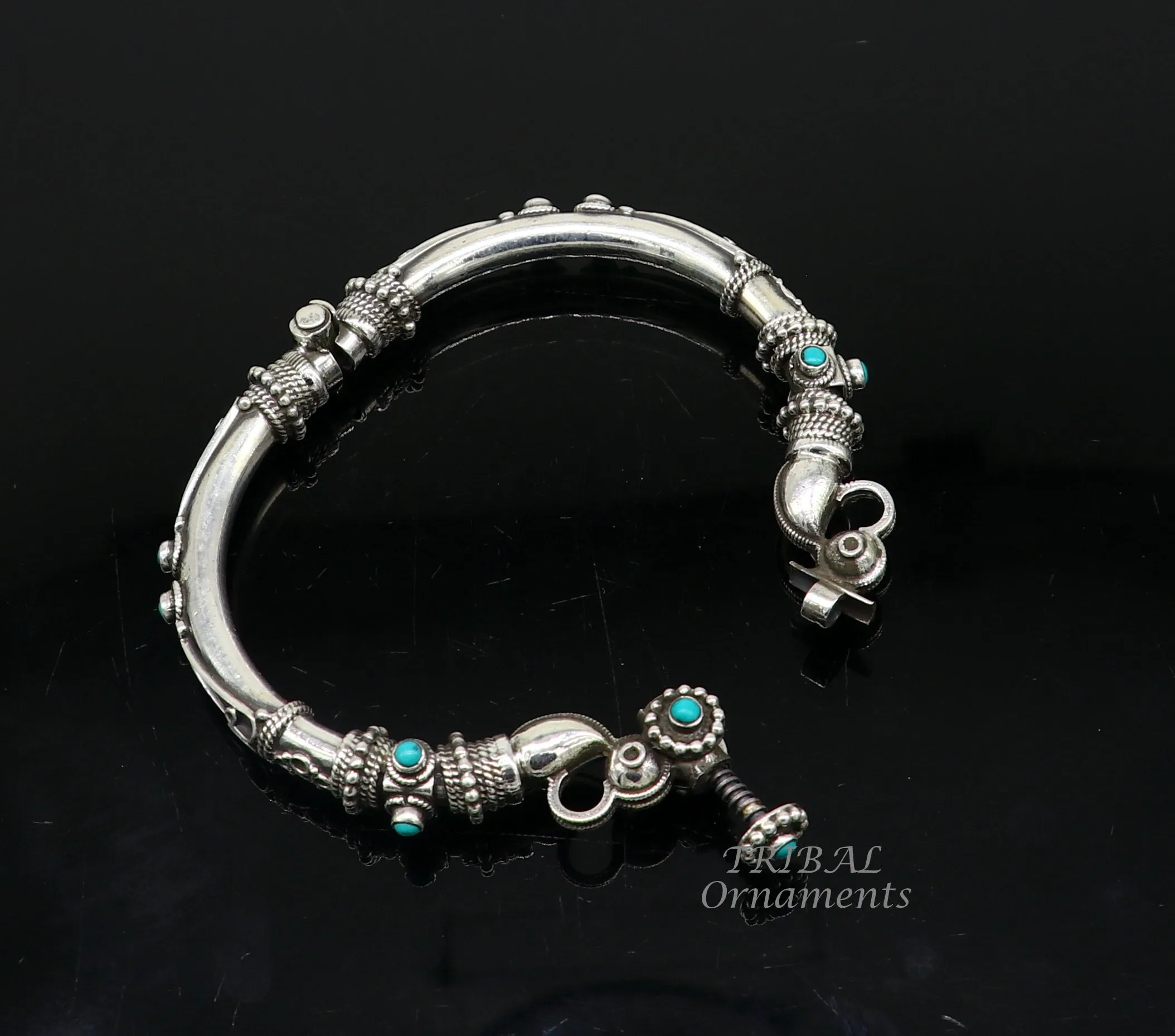 925 Sterling silver handmade vintage peacock design turquoise stone studded tribal ethnic belly dance bangle bracelet gifting kada nsk591