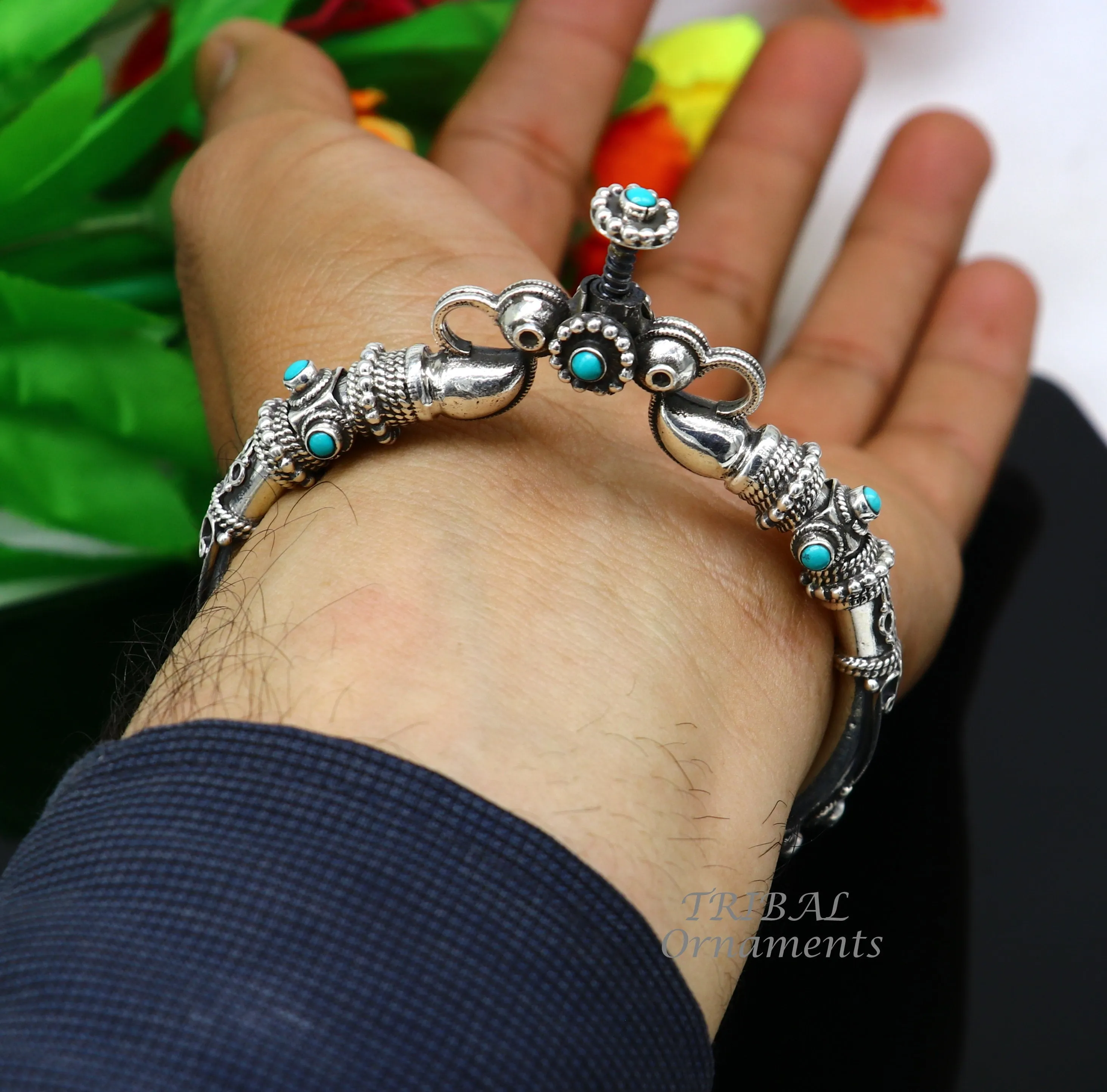 925 Sterling silver handmade vintage peacock design turquoise stone studded tribal ethnic belly dance bangle bracelet gifting kada nsk591