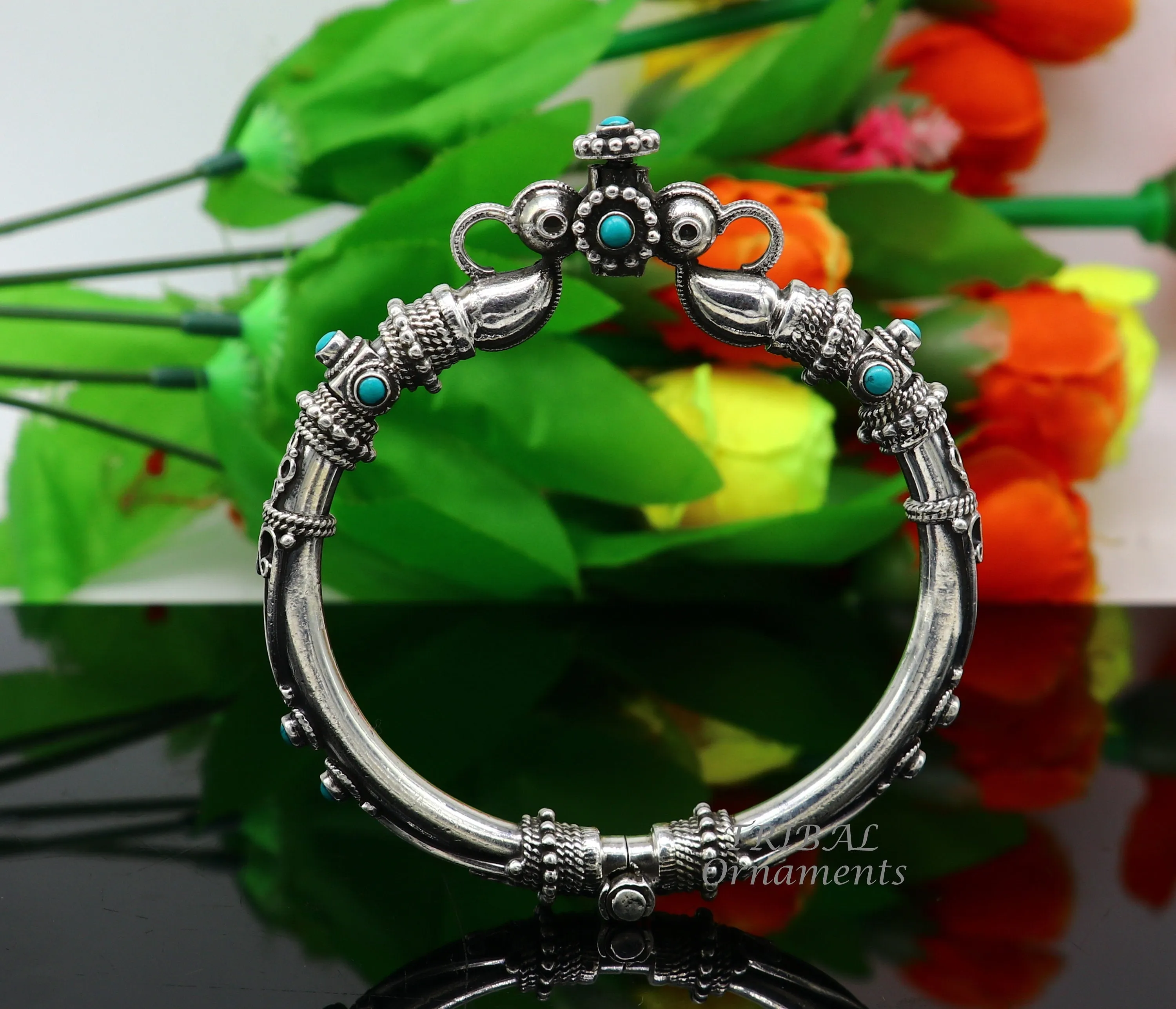 925 Sterling silver handmade vintage peacock design turquoise stone studded tribal ethnic belly dance bangle bracelet gifting kada nsk591