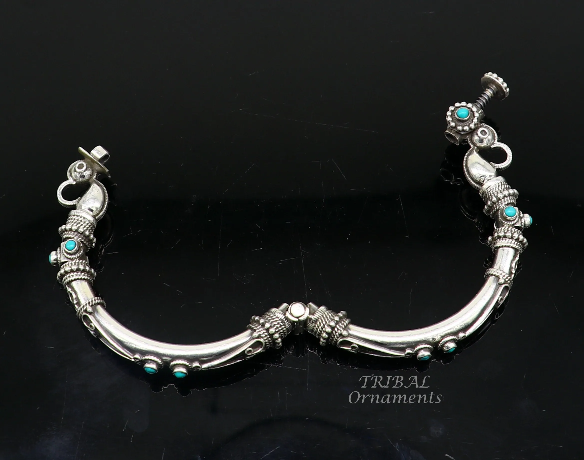 925 Sterling silver handmade vintage peacock design turquoise stone studded tribal ethnic belly dance bangle bracelet gifting kada nsk591
