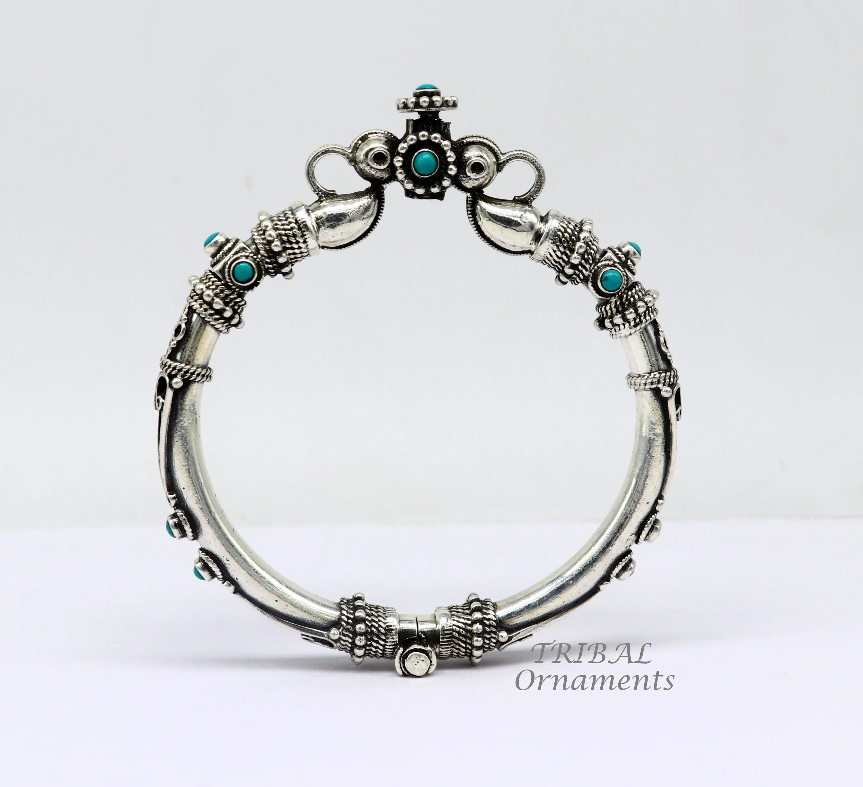 925 Sterling silver handmade vintage peacock design turquoise stone studded tribal ethnic belly dance bangle bracelet gifting kada nsk591
