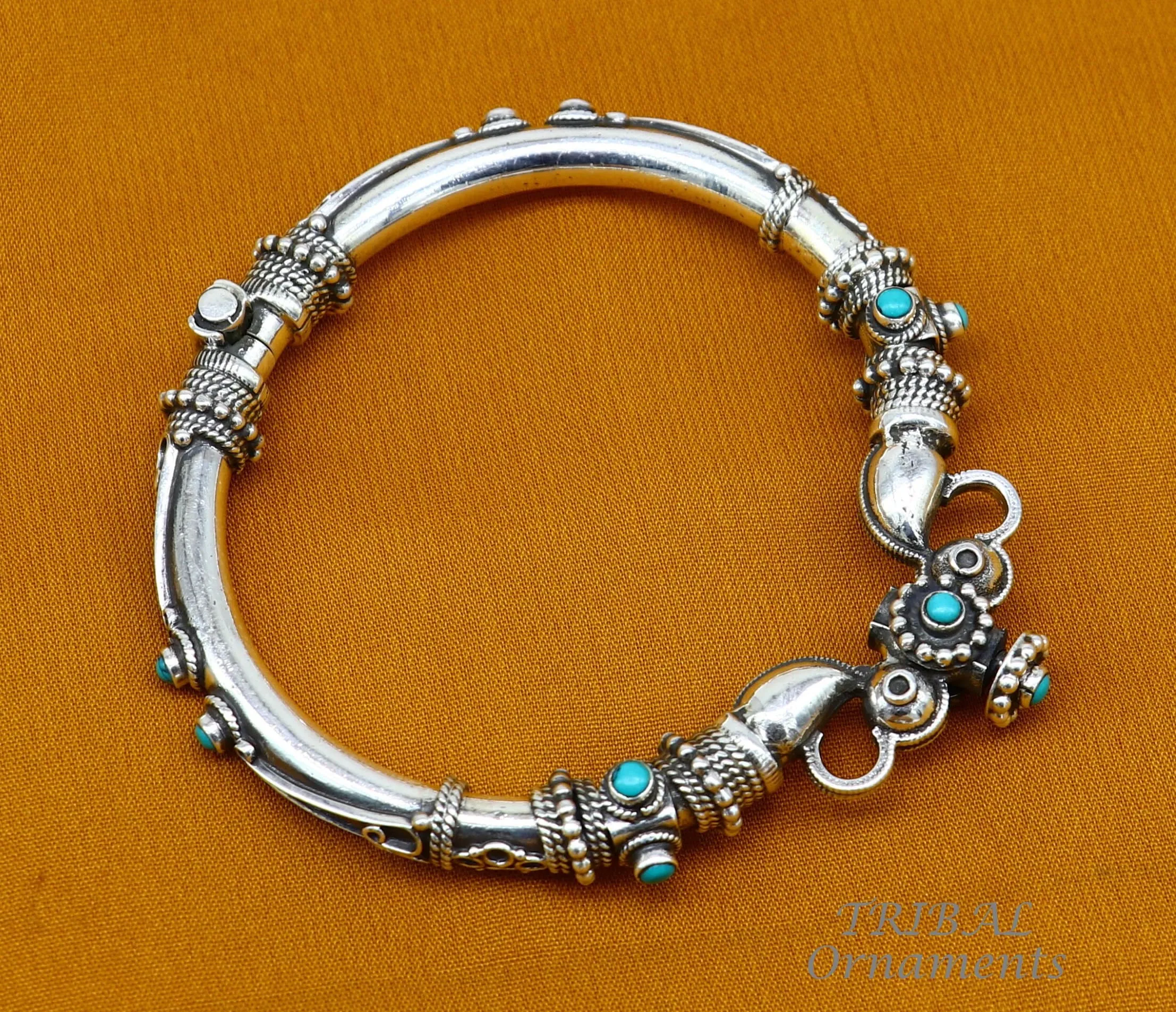 925 Sterling silver handmade vintage peacock design turquoise stone studded tribal ethnic belly dance bangle bracelet gifting kada nsk591