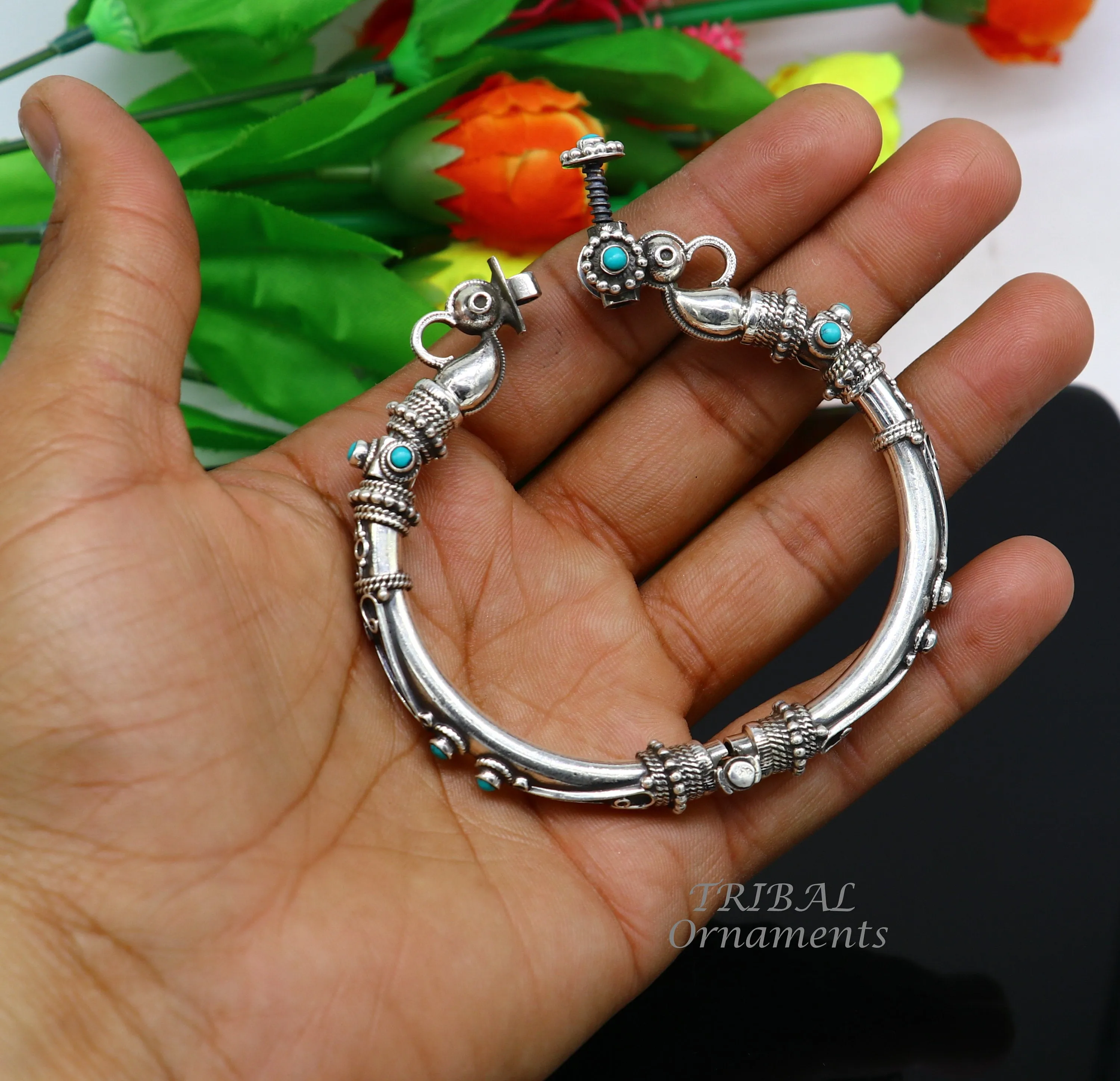 925 Sterling silver handmade vintage peacock design turquoise stone studded tribal ethnic belly dance bangle bracelet gifting kada nsk591