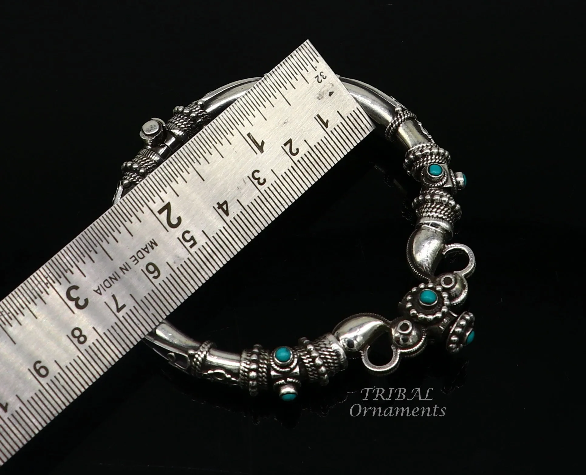 925 Sterling silver handmade vintage peacock design turquoise stone studded tribal ethnic belly dance bangle bracelet gifting kada nsk591
