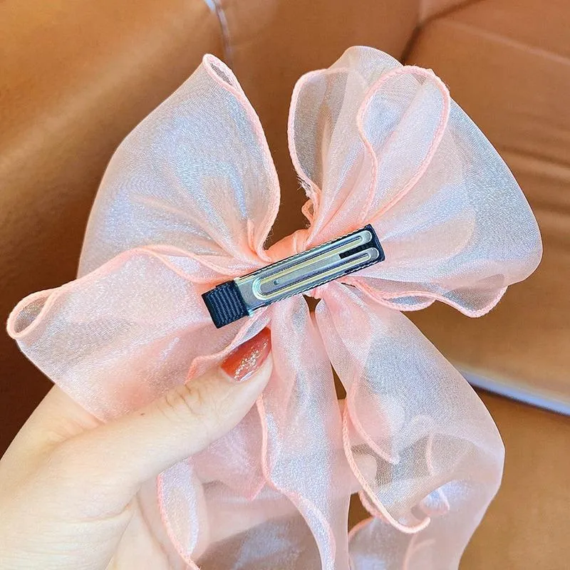 Adorable Kid's Fairy Lace Long Hair Bow Barrette Clips