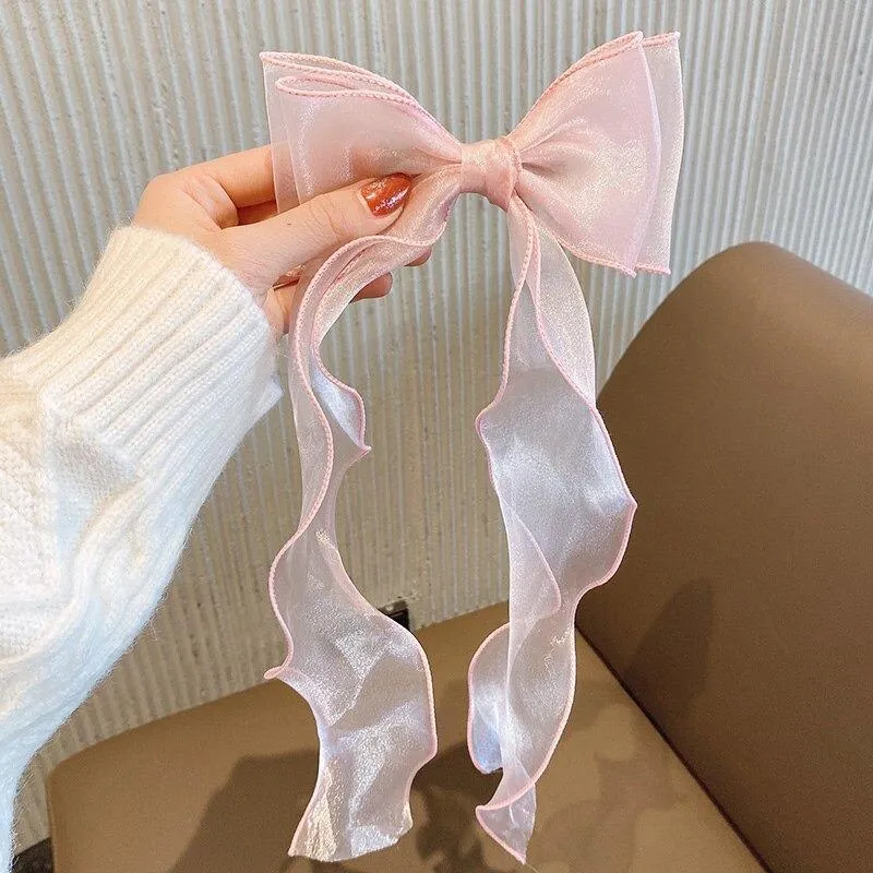 Adorable Kid's Fairy Lace Long Hair Bow Barrette Clips