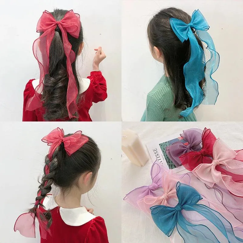 Adorable Kid's Fairy Lace Long Hair Bow Barrette Clips