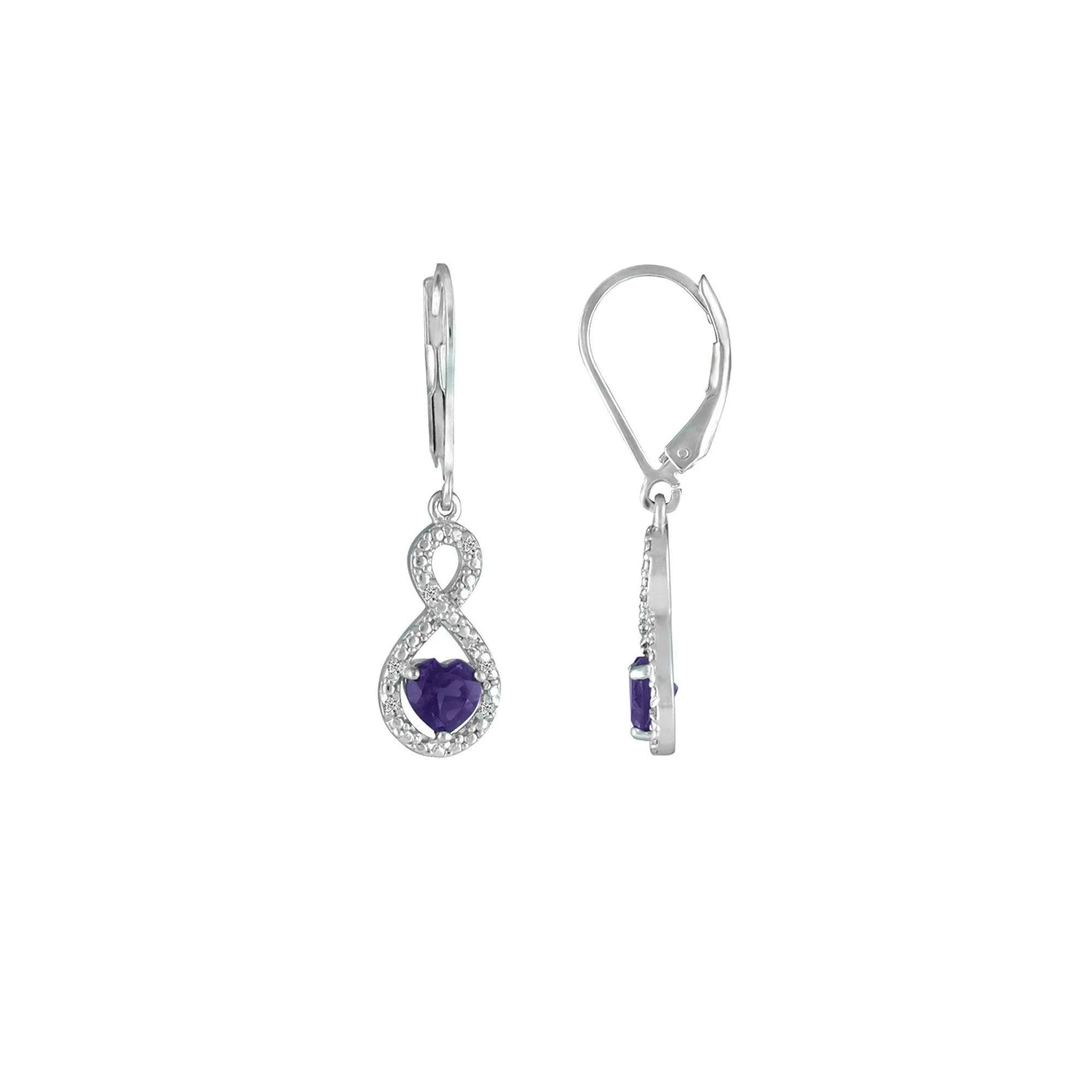 Amethyst Infinity Earrings - Amethyst and Diamond Infinity Heart Earrings