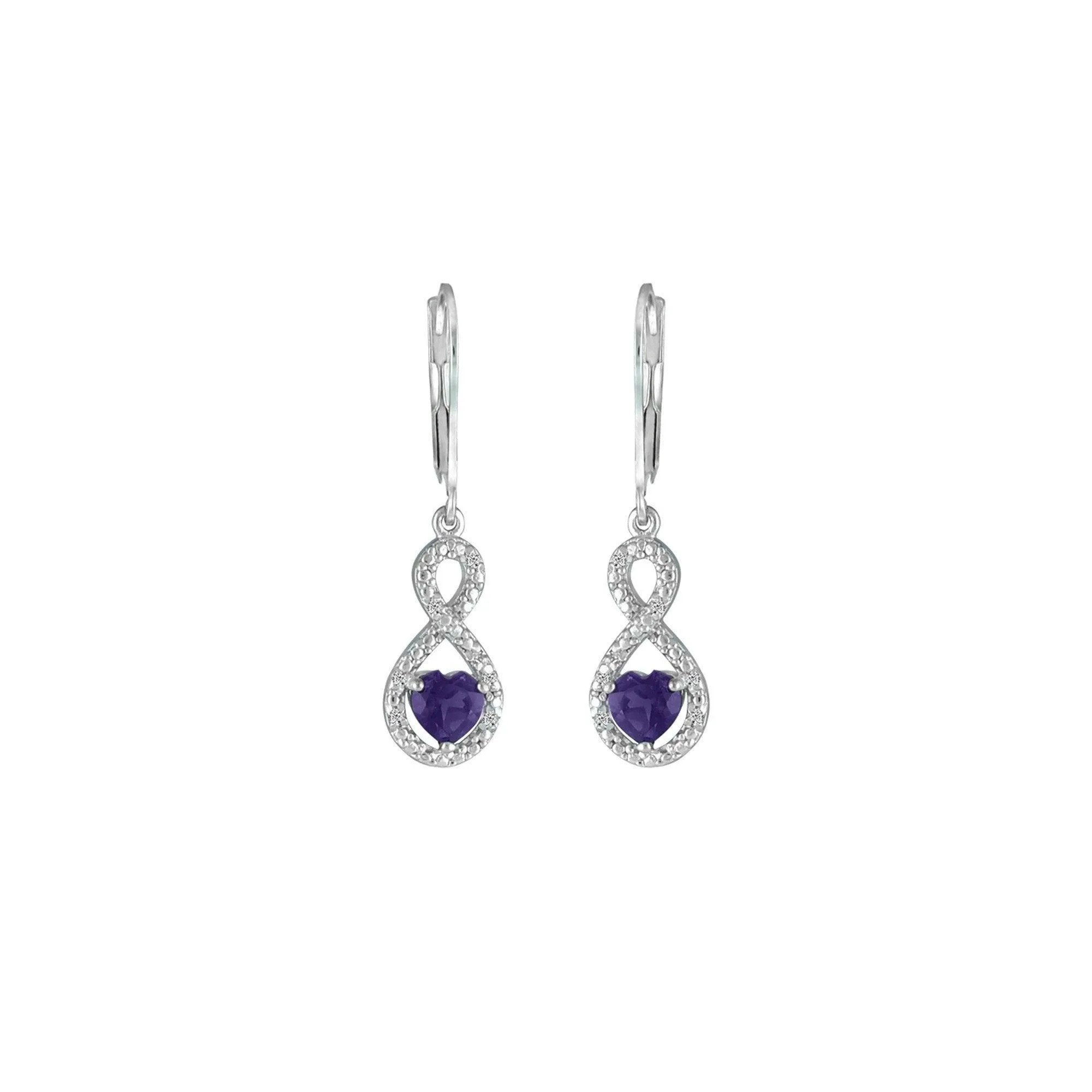 Amethyst Infinity Earrings - Amethyst and Diamond Infinity Heart Earrings
