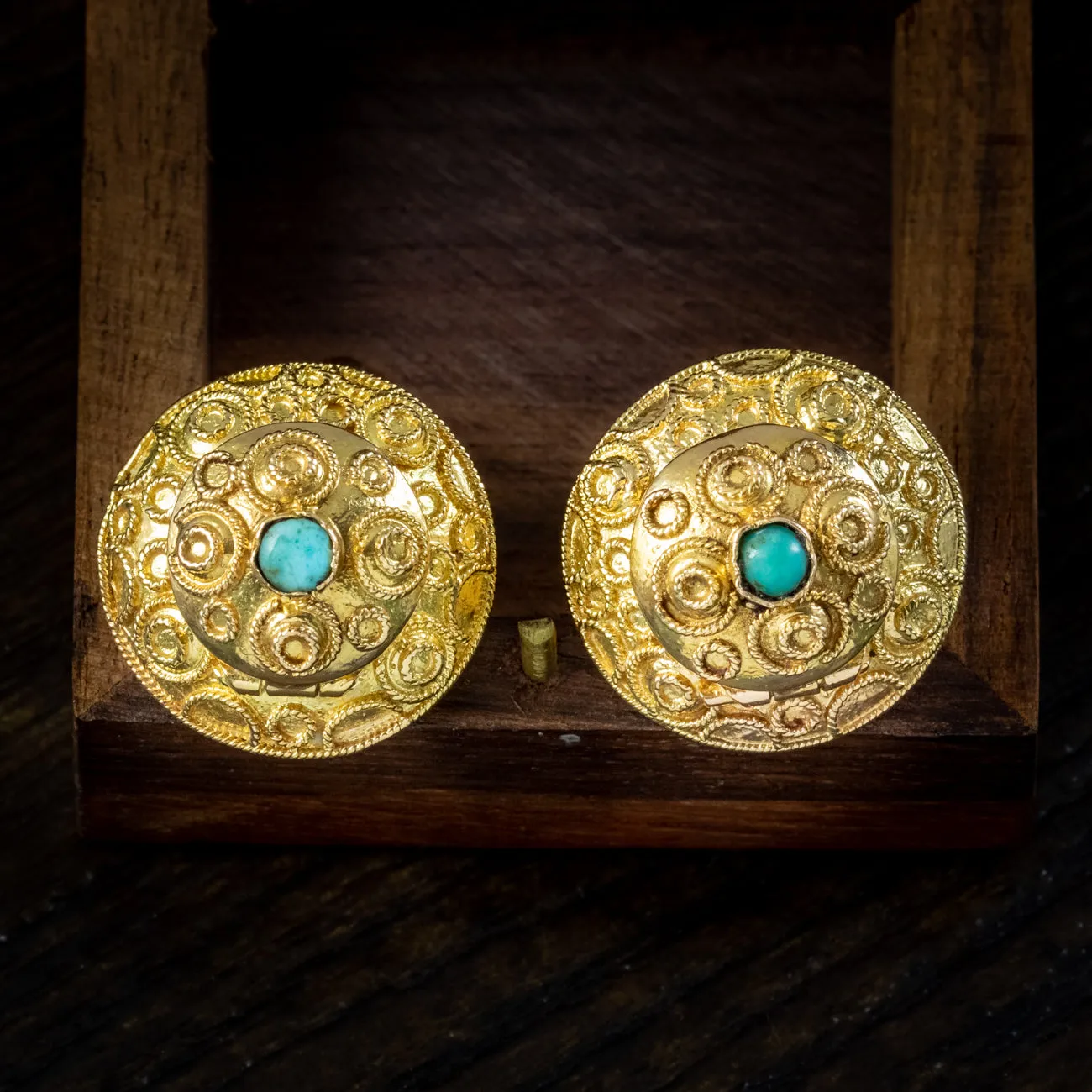 Antique Victorian Etruscan Turquoise Locket Clip Earrings 18ct Gold