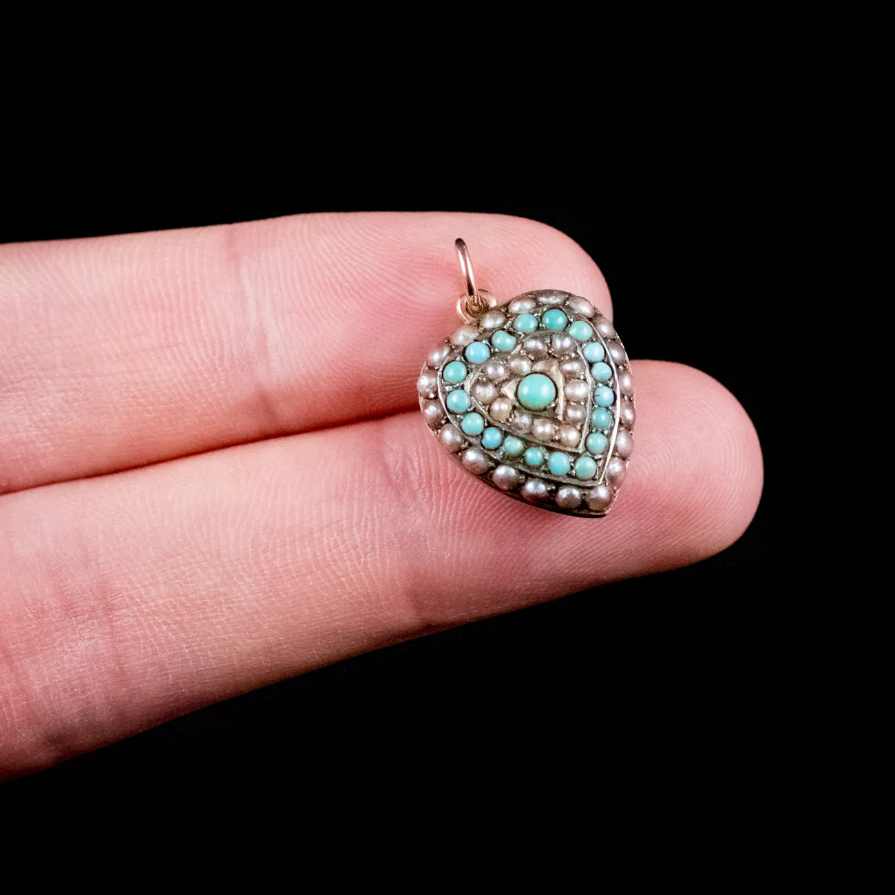 Antique Victorian Turquoise Pearl Heart Pendant Locket 18Ct Gold Circa 1900