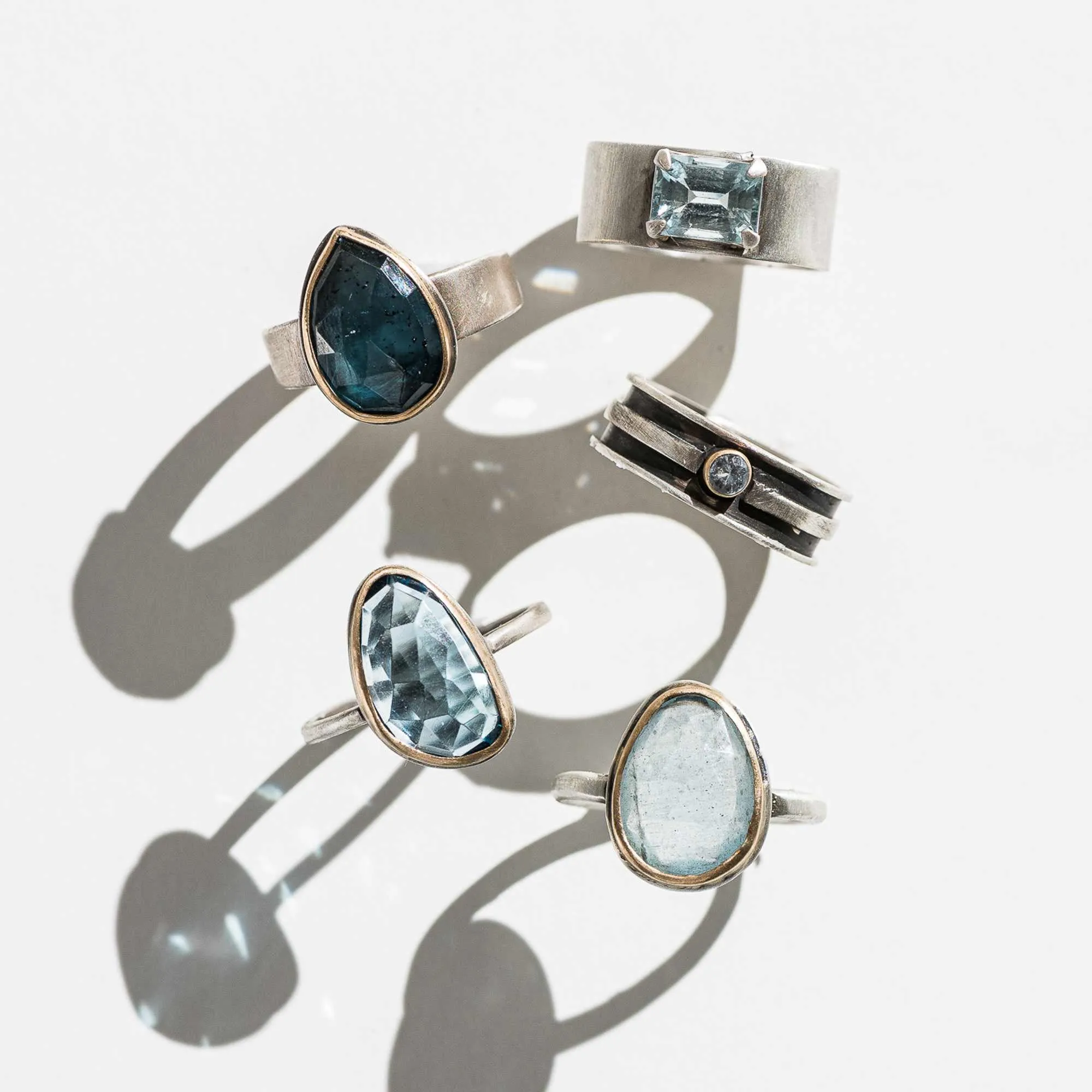 Aquamarine Freeform Mixed Metal Ring on Delicate Band