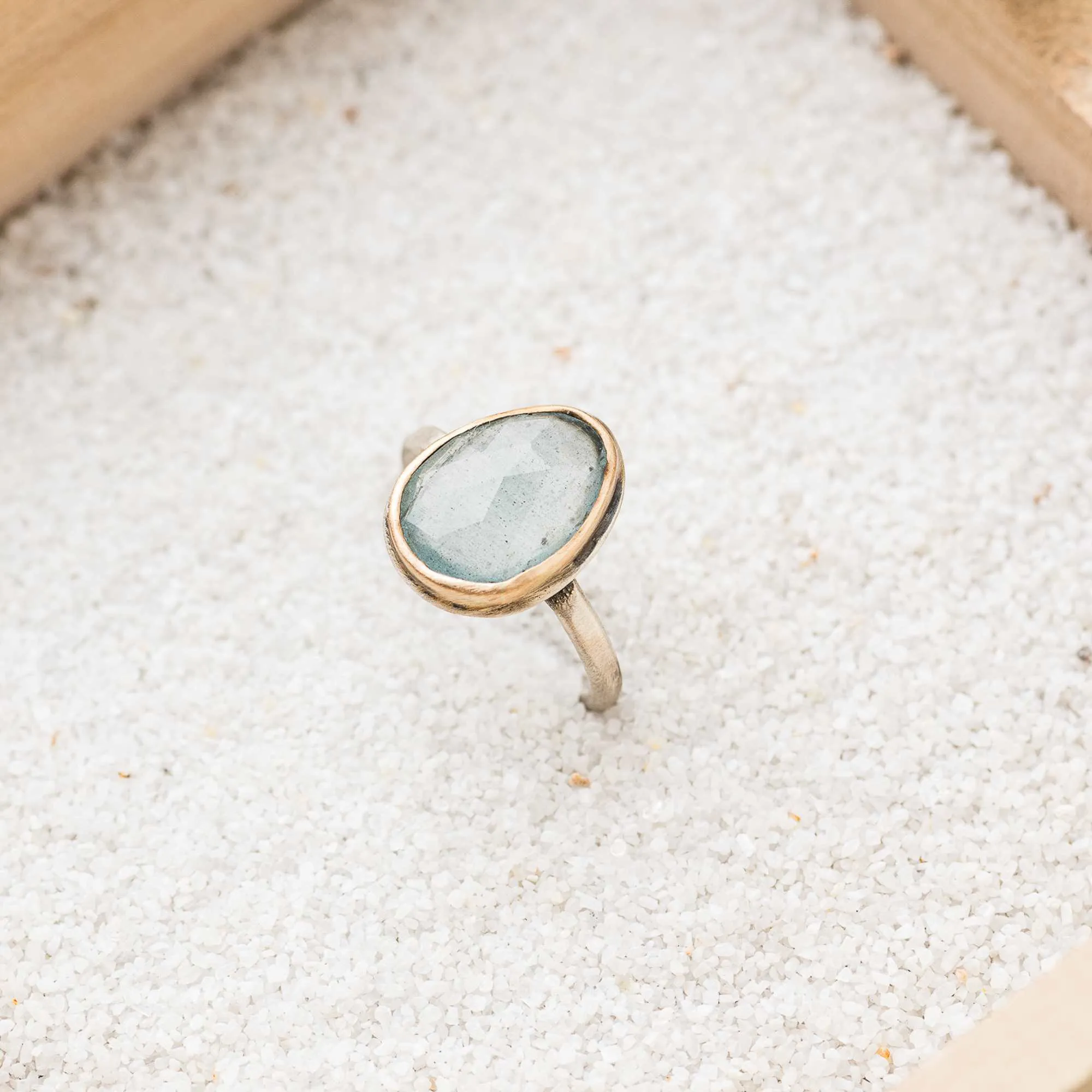 Aquamarine Freeform Mixed Metal Ring on Delicate Band