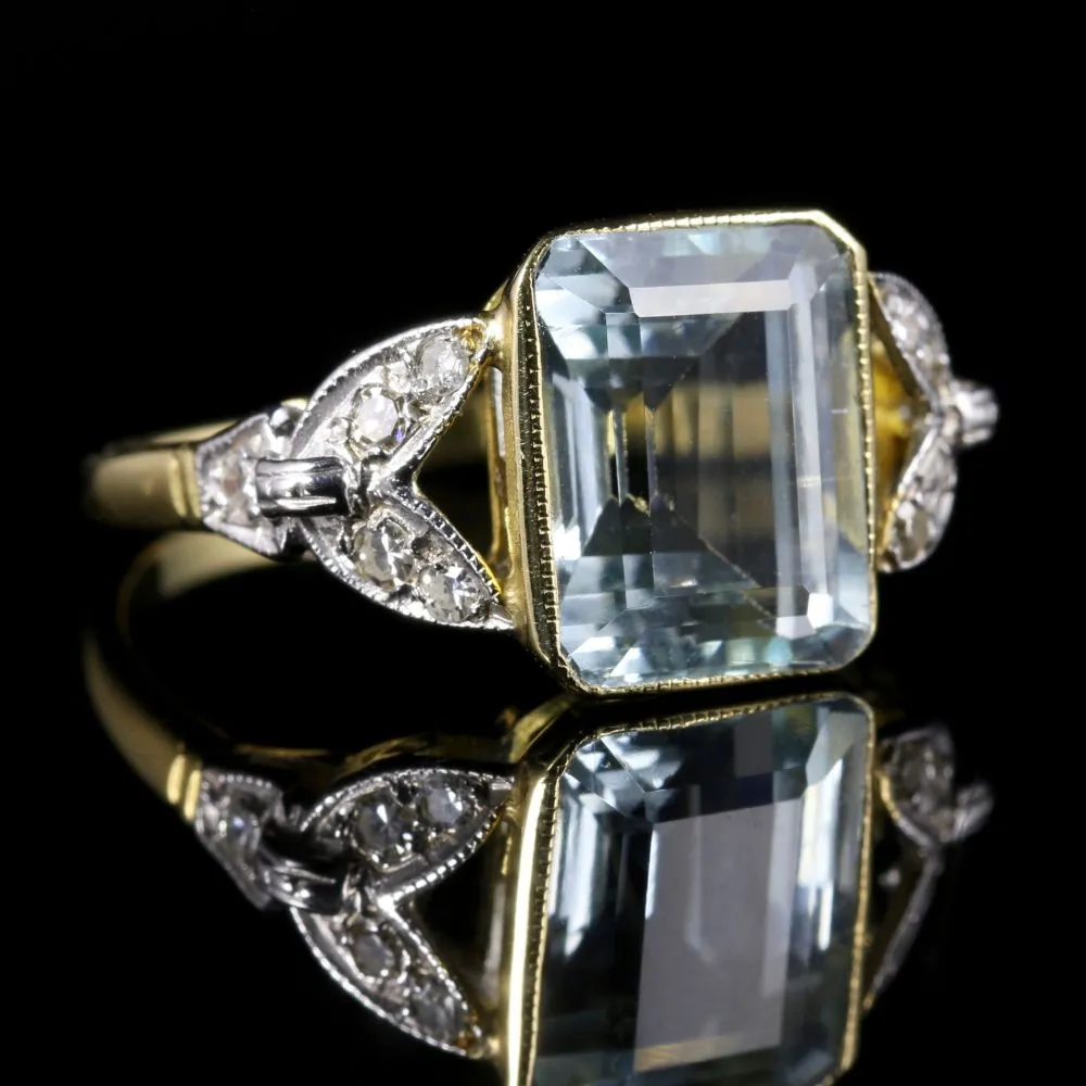 Art Deco Aquamarine Diamond Ring 18Ct Yellow Gold