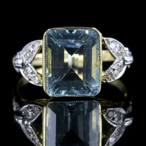 Art Deco Aquamarine Diamond Ring 18Ct Yellow Gold