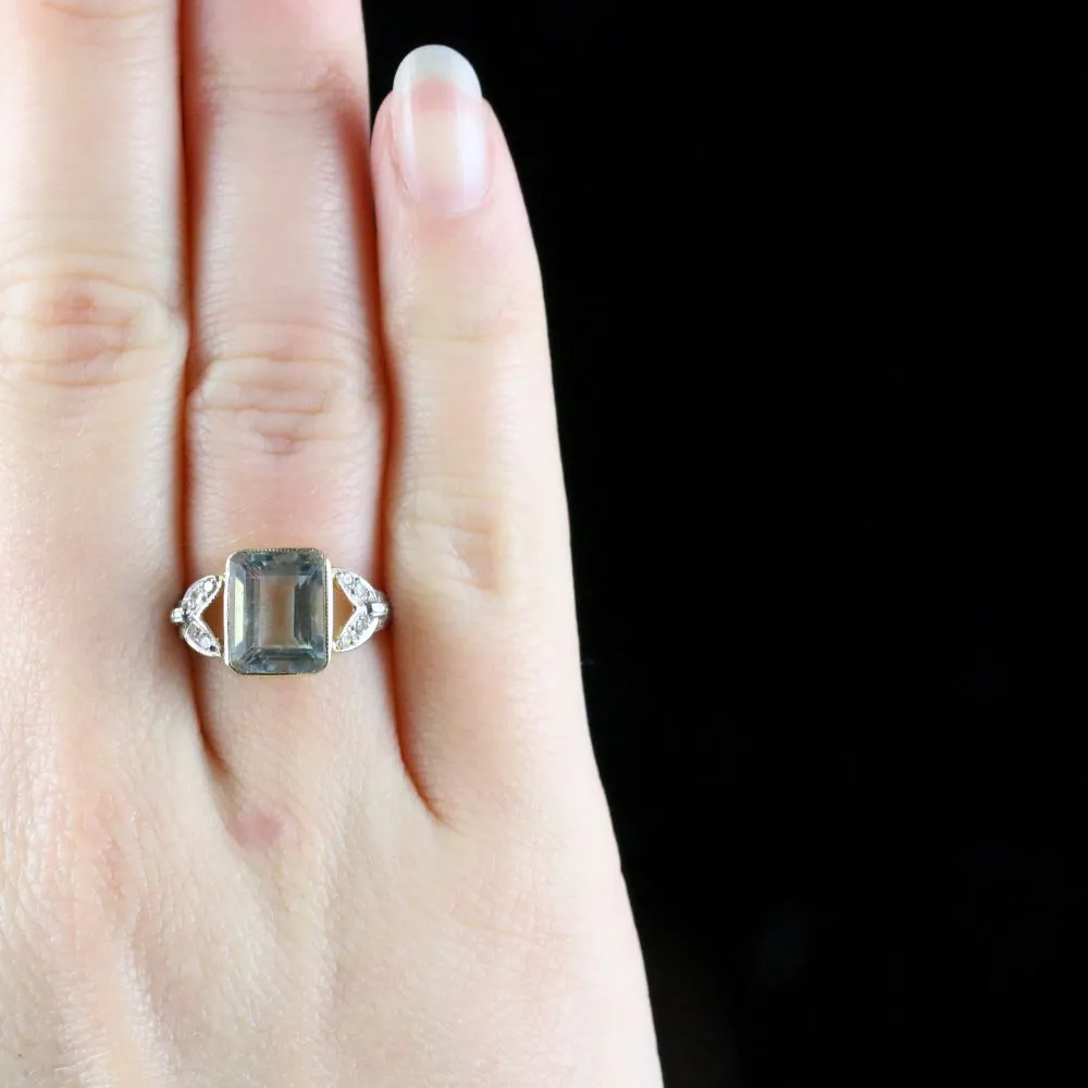 Art Deco Aquamarine Diamond Ring 18Ct Yellow Gold