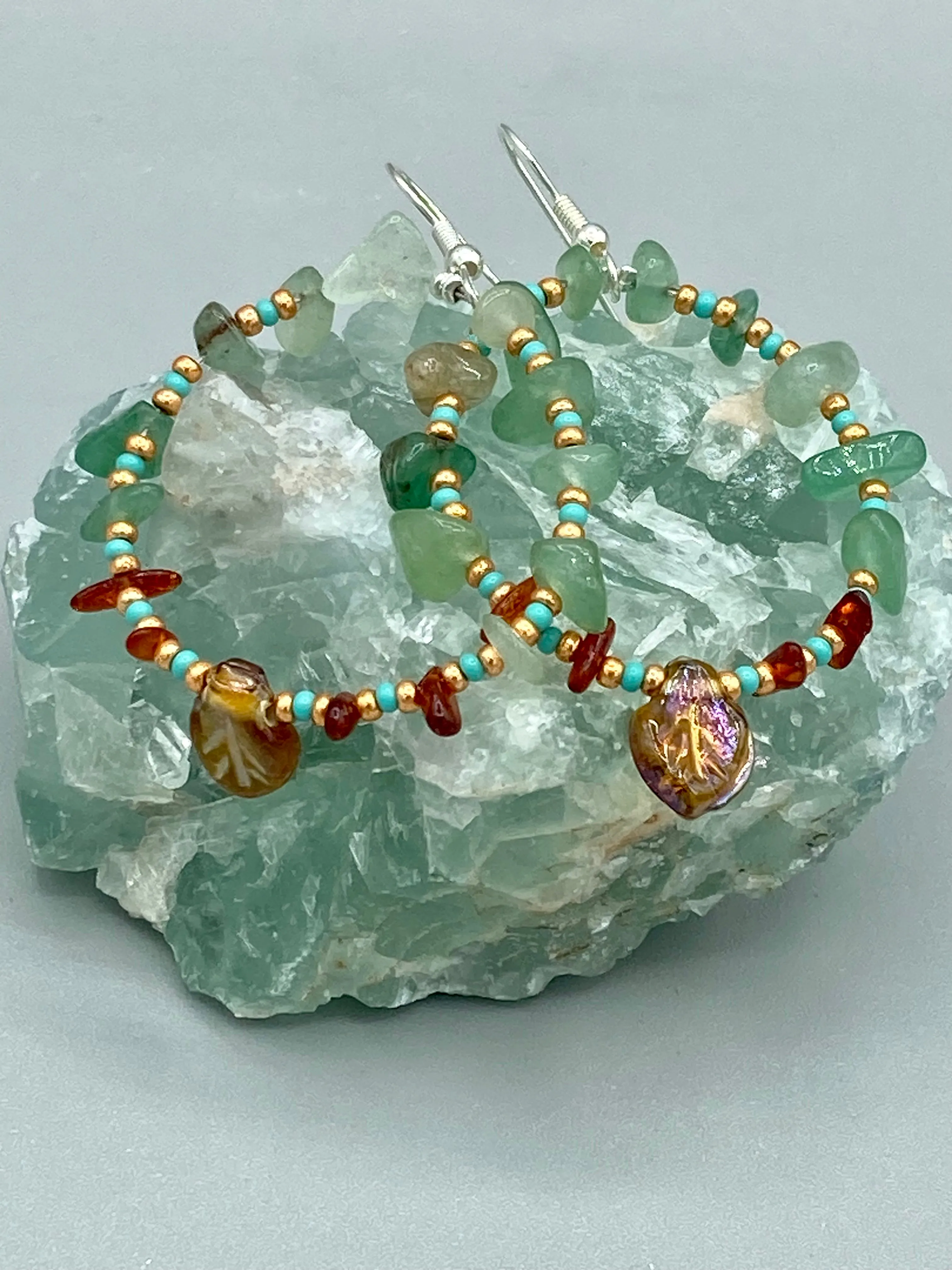 Aventurine And Amber Stone Chip Beaded Hoop Earrings, Hippie Vibe, Shabby Chic, Boho Chic, Nature Inspired, Bohemian