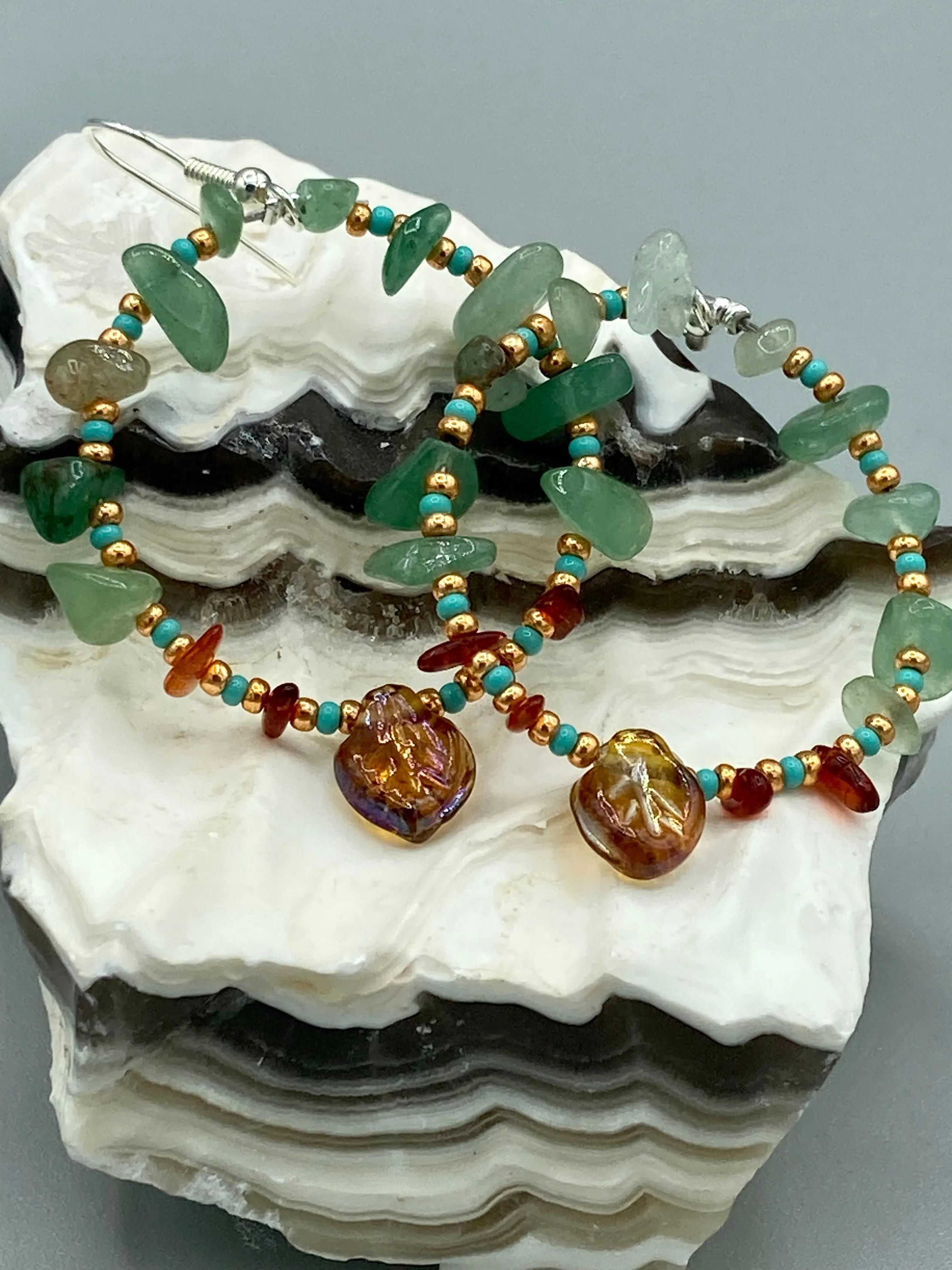 Aventurine And Amber Stone Chip Beaded Hoop Earrings, Hippie Vibe, Shabby Chic, Boho Chic, Nature Inspired, Bohemian