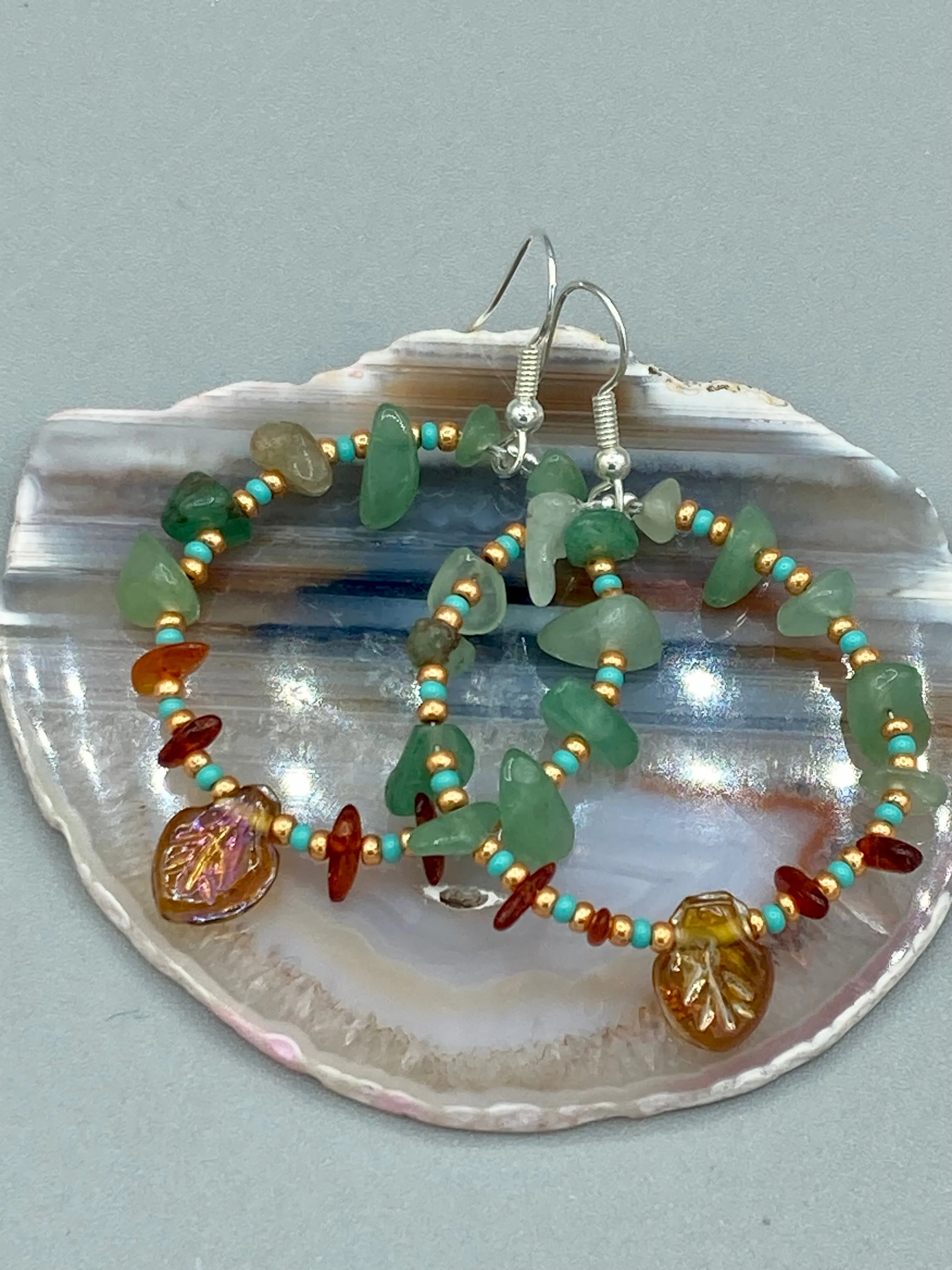 Aventurine And Amber Stone Chip Beaded Hoop Earrings, Hippie Vibe, Shabby Chic, Boho Chic, Nature Inspired, Bohemian
