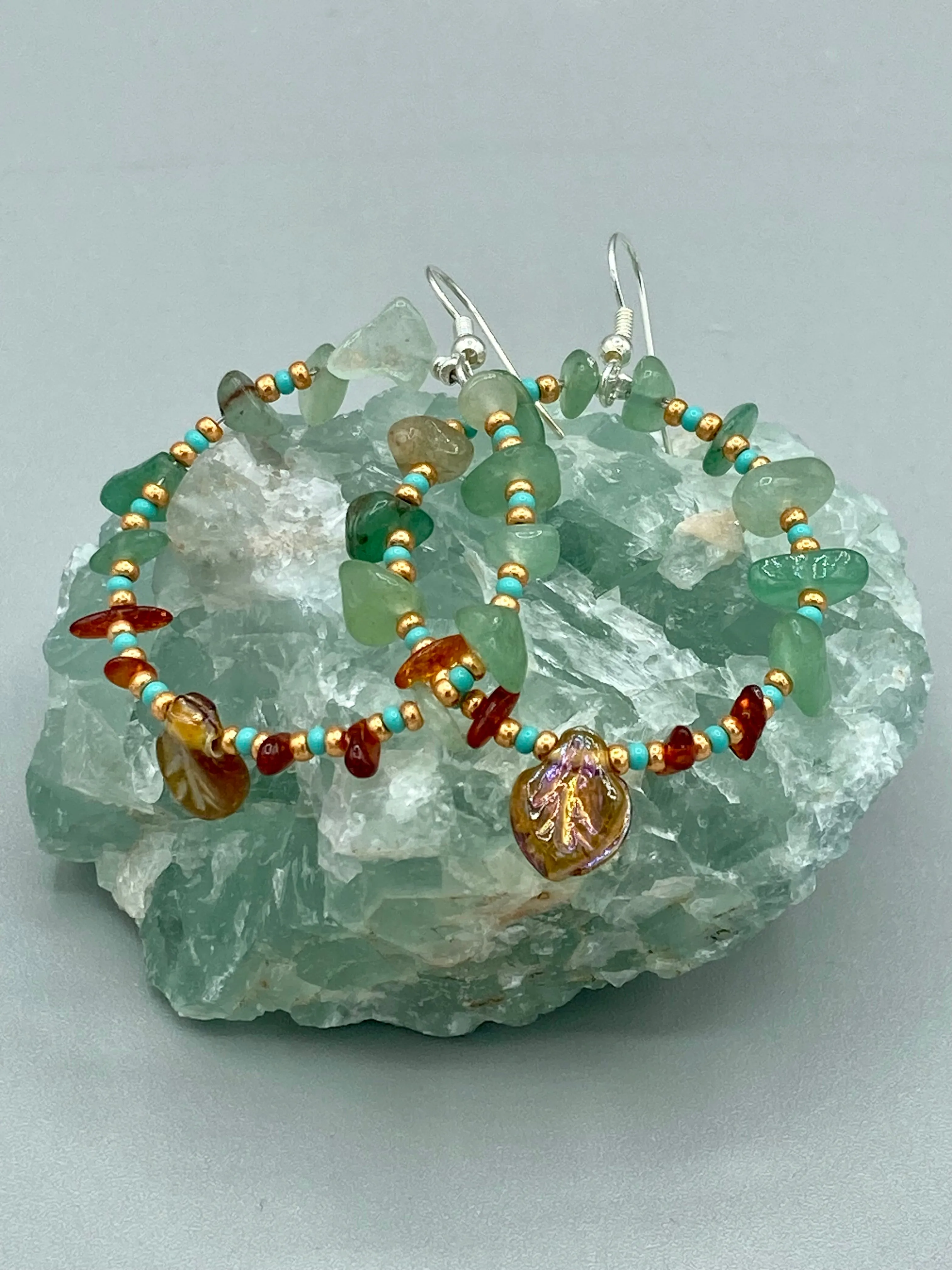 Aventurine And Amber Stone Chip Beaded Hoop Earrings, Hippie Vibe, Shabby Chic, Boho Chic, Nature Inspired, Bohemian