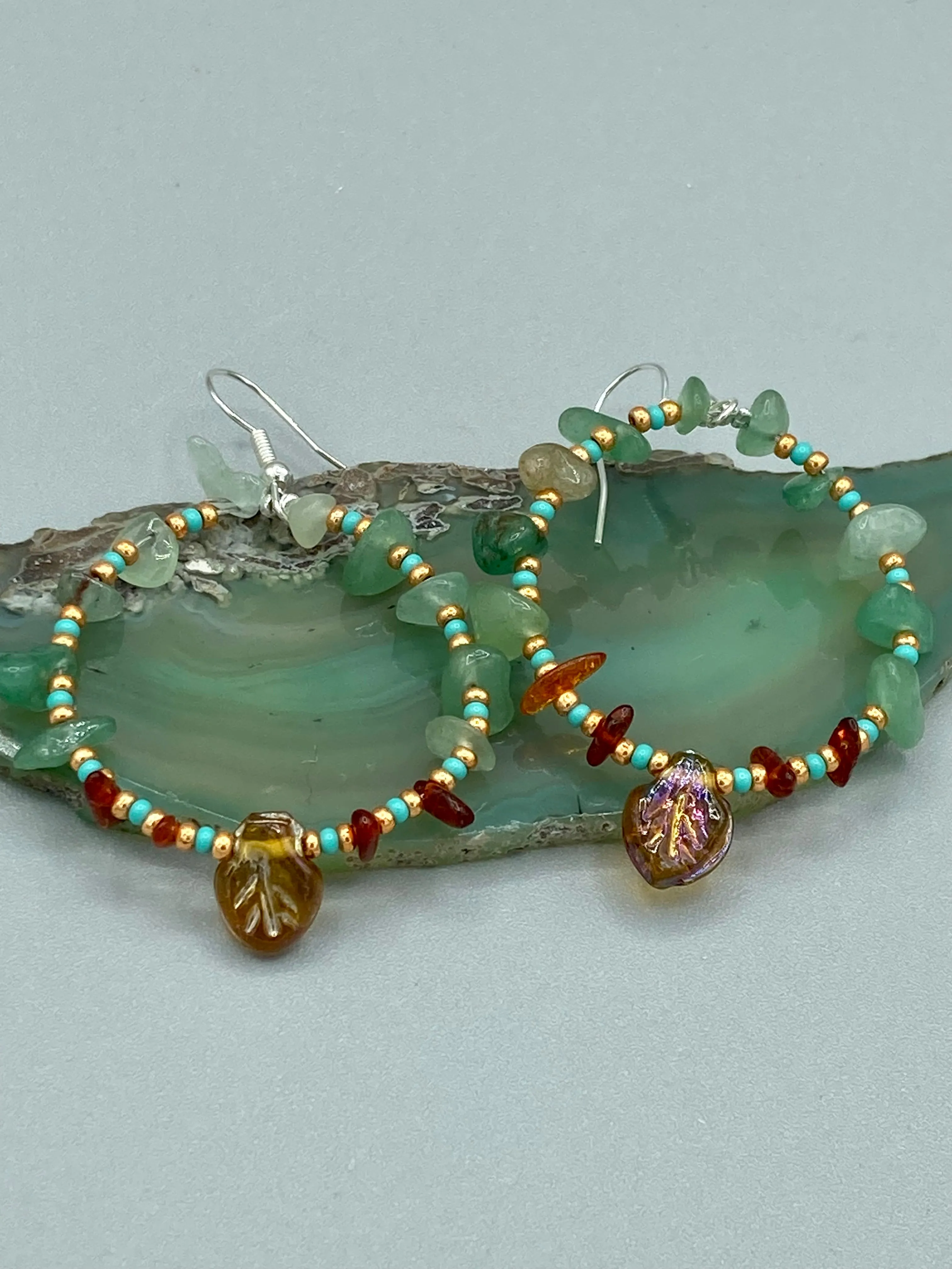 Aventurine And Amber Stone Chip Beaded Hoop Earrings, Hippie Vibe, Shabby Chic, Boho Chic, Nature Inspired, Bohemian