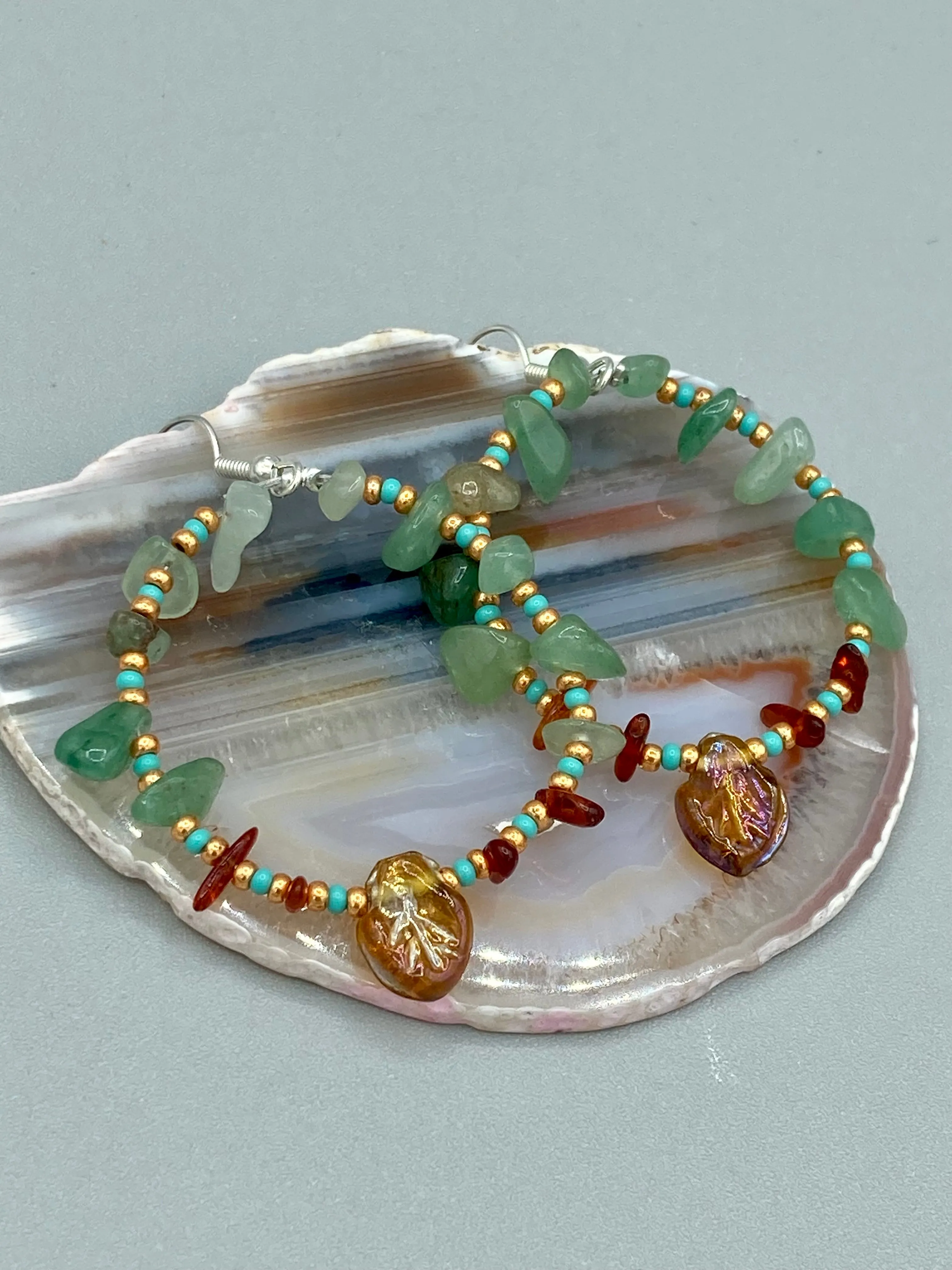 Aventurine And Amber Stone Chip Beaded Hoop Earrings, Hippie Vibe, Shabby Chic, Boho Chic, Nature Inspired, Bohemian