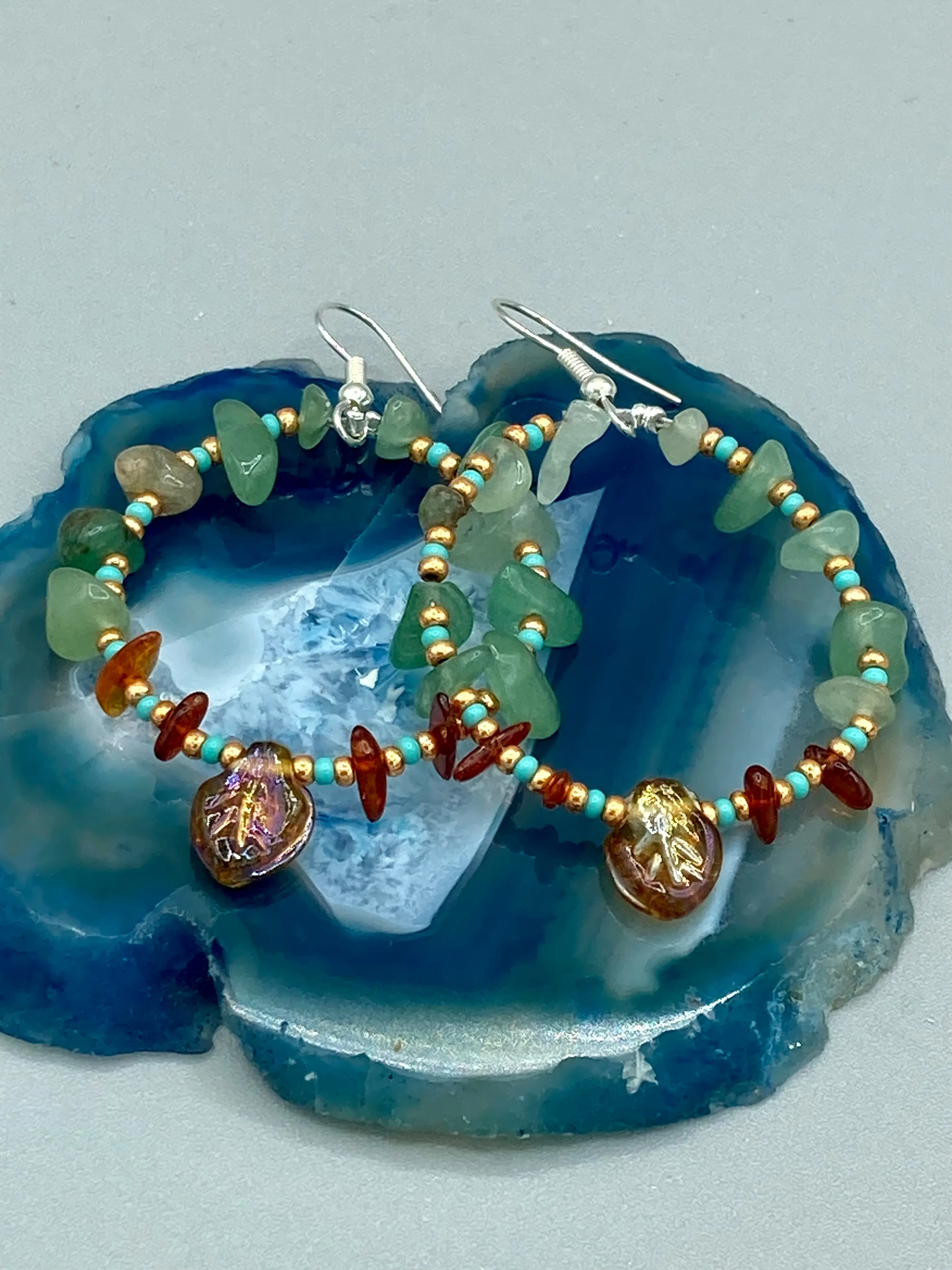 Aventurine And Amber Stone Chip Beaded Hoop Earrings, Hippie Vibe, Shabby Chic, Boho Chic, Nature Inspired, Bohemian