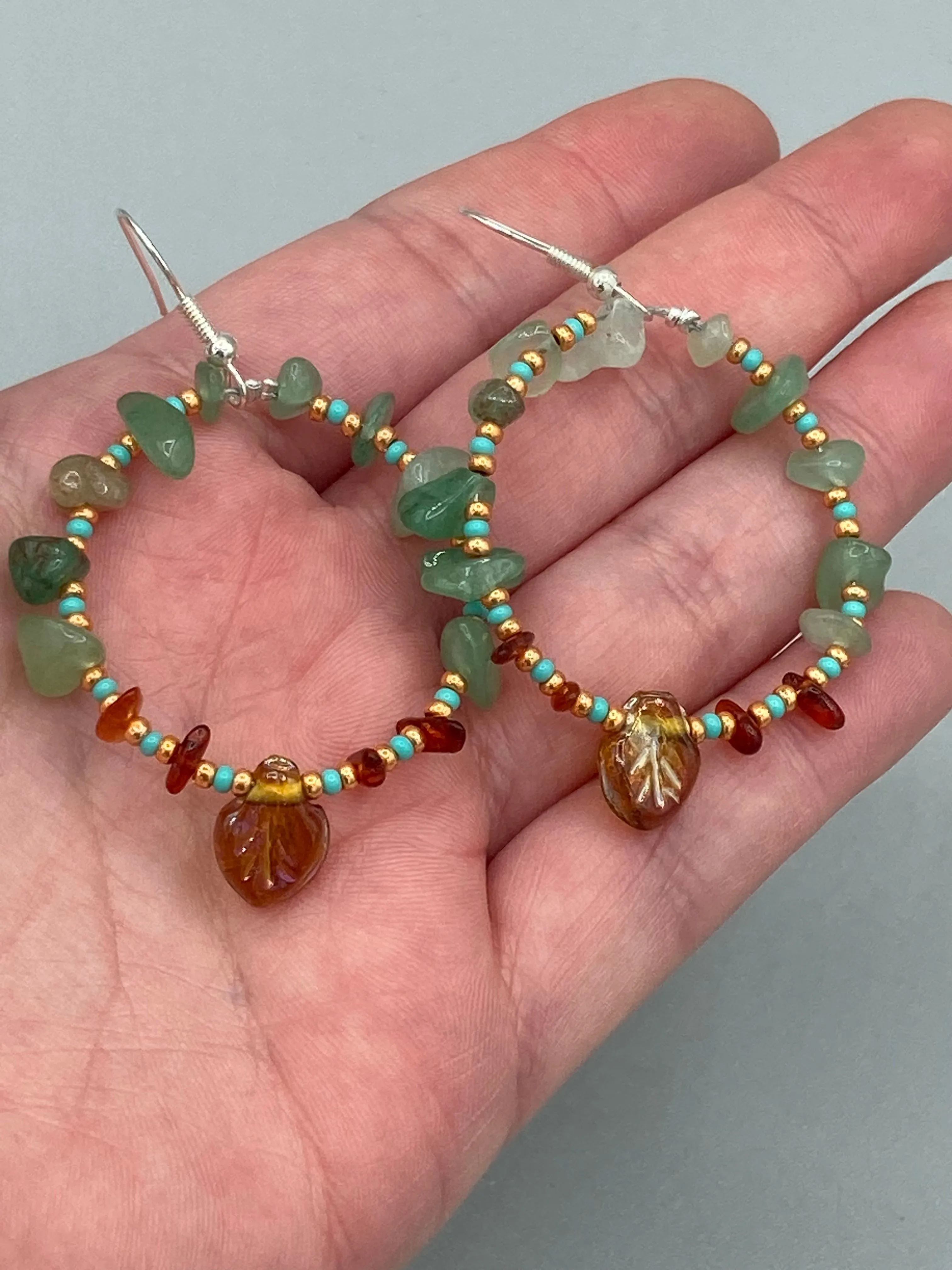 Aventurine And Amber Stone Chip Beaded Hoop Earrings, Hippie Vibe, Shabby Chic, Boho Chic, Nature Inspired, Bohemian