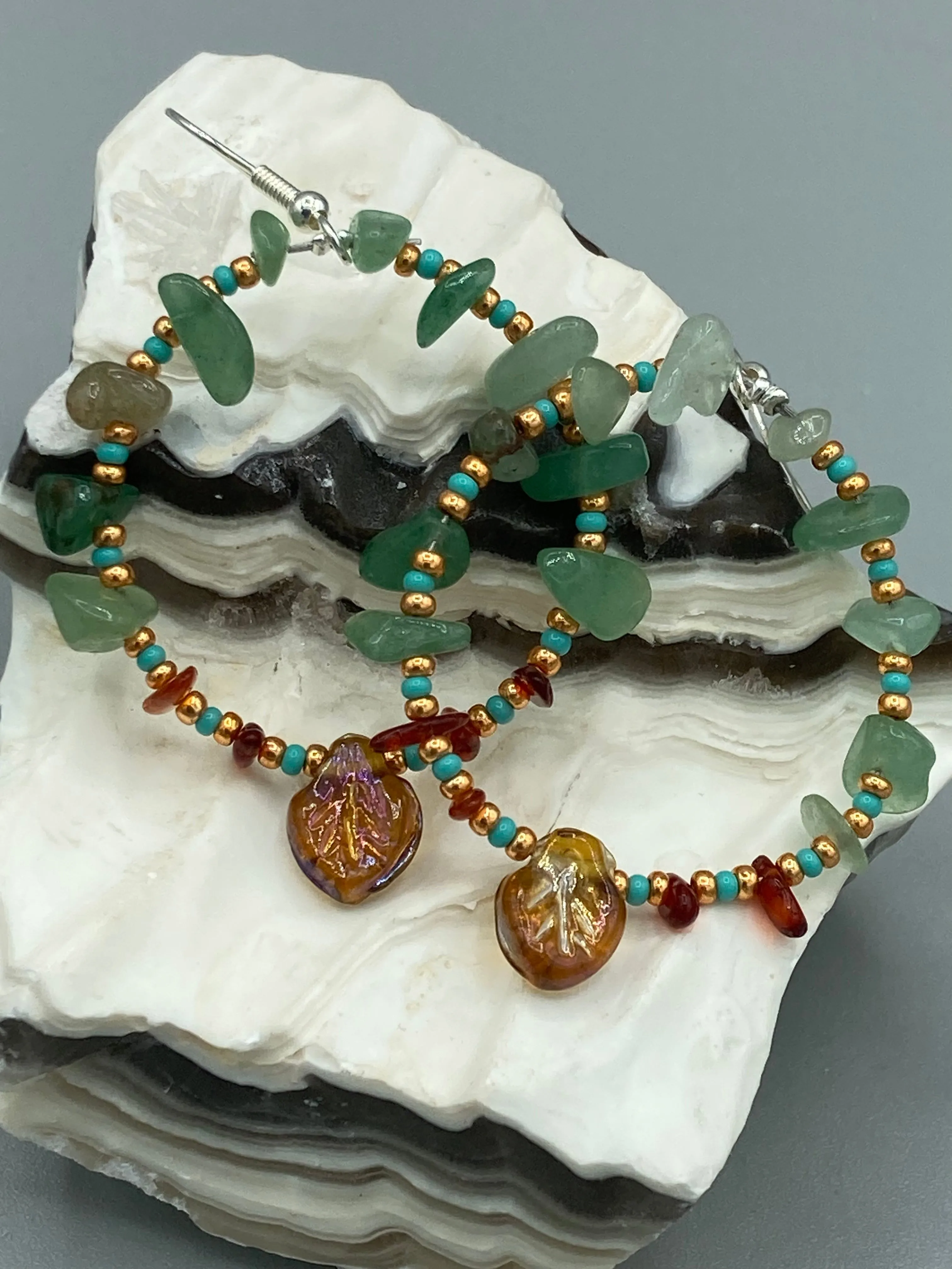 Aventurine And Amber Stone Chip Beaded Hoop Earrings, Hippie Vibe, Shabby Chic, Boho Chic, Nature Inspired, Bohemian